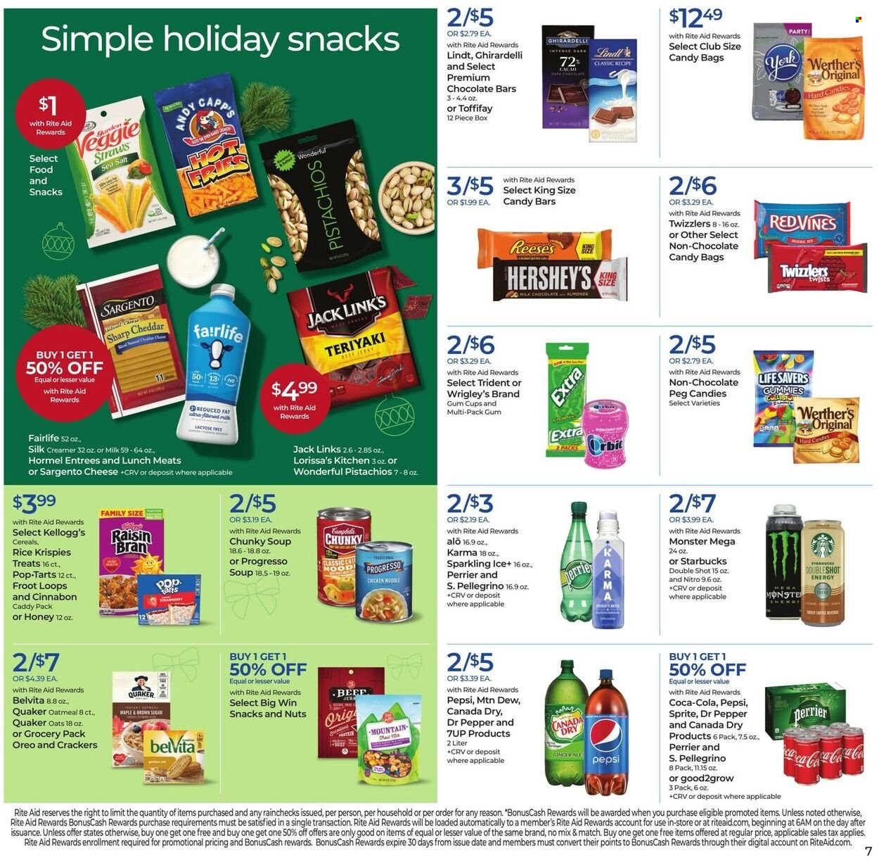 thumbnail - RITE AID Flyer - 11/27/2022 - 12/03/2022 - Sales products - Quaker, noodles, Progresso, Hormel, beef jerky, jerky, milk, Oreo, Silk, Reese's, Hershey's, Orbit, Lindt, crackers, Kellogg's, Trident, Pop-Tarts, Ghirardelli, chocolate candies, chocolate bar, Veggie Straws, Jack Link's, oatmeal, oats, cereals, Rice Krispies, Raisin Bran, belVita, pistachios, Canada Dry, Coca-Cola, ginger ale, Mountain Dew, Sprite, Pepsi, Monster, Dr. Pepper, 7UP, Perrier, San Pellegrino, coffee, Starbucks, cup. Page 14.