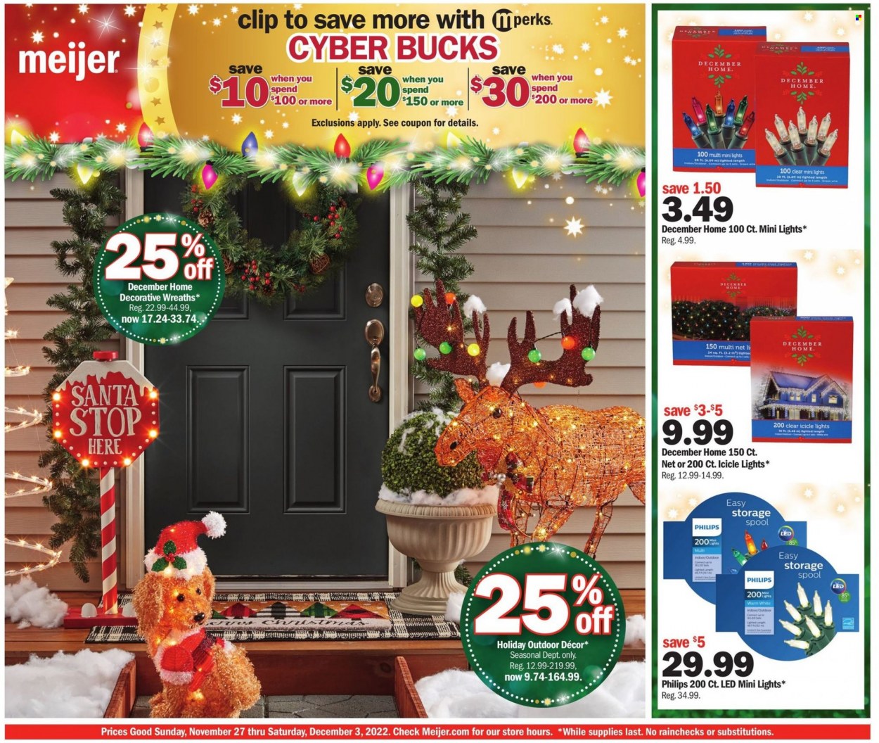 thumbnail - Meijer Flyer - 11/27/2022 - 12/03/2022 - Sales products - Santa, Philips, icicle light. Page 1.
