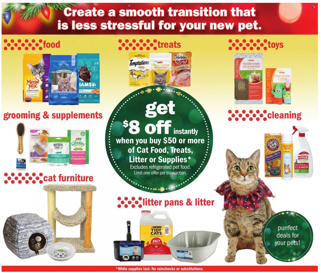 thumbnail - Meijer Flyer - 11/27/2022 - 12/03/2022 - Sales products - cleaner, animal food, cat scratcher, Greenies, cat food, Purina, Meow Mix, Iams, toys, cactus. Page 3.