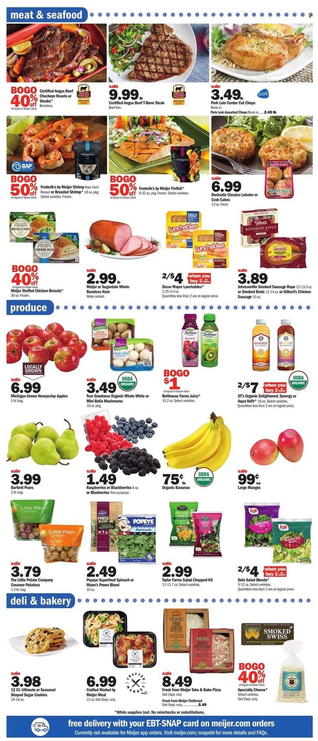 thumbnail - Meijer Flyer - 11/27/2022 - 12/03/2022 - Sales products - flatbread, broccoli, potatoes, salad, Dole, apples, avocado, bananas, Bartlett pears, blackberries, blueberries, pears, organic bananas, lobster, seafood, shrimps, crab cake, pizza, Lunchables, stuffed chicken, Sugardale, ham, Johnsonville, Oscar Mayer, sausage, smoked sausage, pepperoni, chicken sausage, Gilbert’s, kefir, Enlightened lce Cream, cordon bleu, cookies, juice, beef meat, t-bone steak, steak, pork loin, pork meat, container. Page 2.