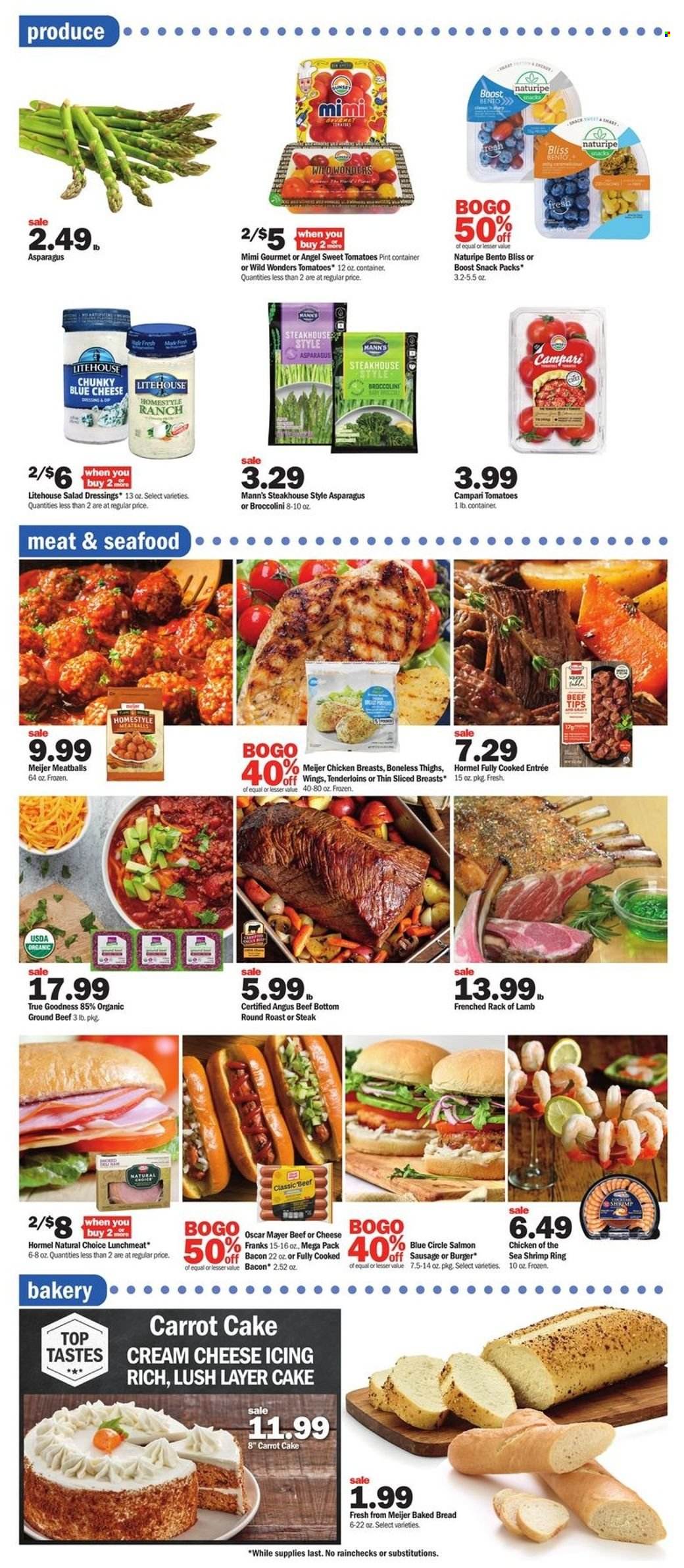 thumbnail - Meijer Flyer - 11/27/2022 - 12/03/2022 - Sales products - bread, asparagus, tomatoes, broccolini, salmon, shrimps, meatballs, hamburger, Hormel, bacon, Oscar Mayer, sausage, lunch meat, snack, Chicken of the Sea, salad dressing, Boost, chicken breasts, beef meat, ground beef, steak, round roast, lamb meat, rack of lamb, container. Page 4.