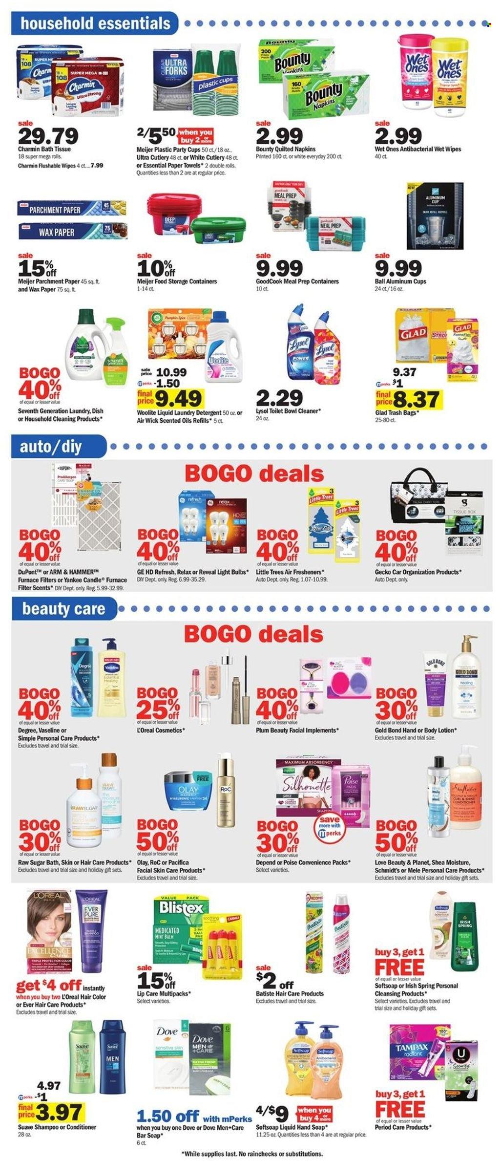 thumbnail - Meijer Flyer - 11/27/2022 - 12/03/2022 - Sales products - Dove, Bounty, spice, wipes, napkins, bath tissue, kitchen towels, paper towels, Charmin, detergent, cleaner, Lysol, Woolite, laundry detergent, shampoo, Softsoap, Suave, hand soap, Vaseline, soap bar, Raw Sugar, soap, Tampax, L’Oréal, Olay, conditioner, hair color, body lotion, trash bags, cup, storage box, candle, Yankee Candle, air freshener, Air Wick, party cups, bulb, light bulb, pipe. Page 11.