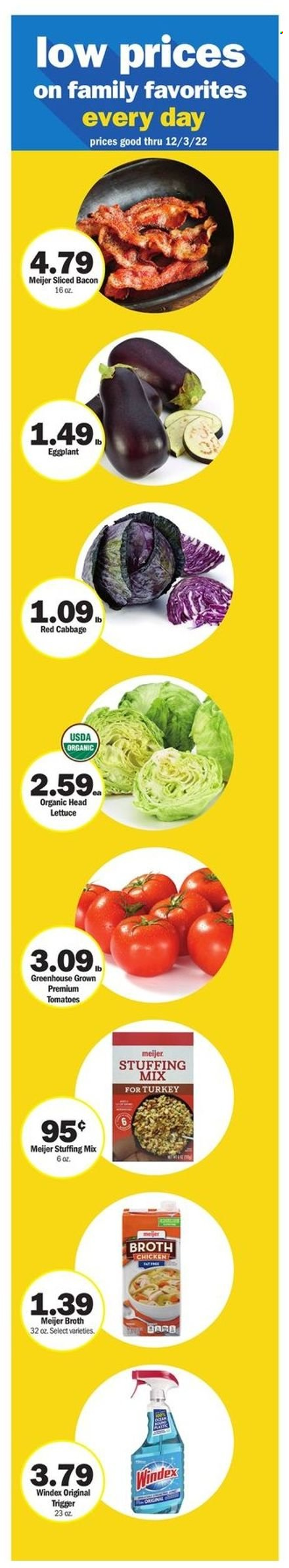 thumbnail - Meijer Flyer - 11/27/2022 - 12/03/2022 - Sales products - cabbage, tomatoes, lettuce, eggplant, bacon, stuffing mix, broth, Windex. Page 16.