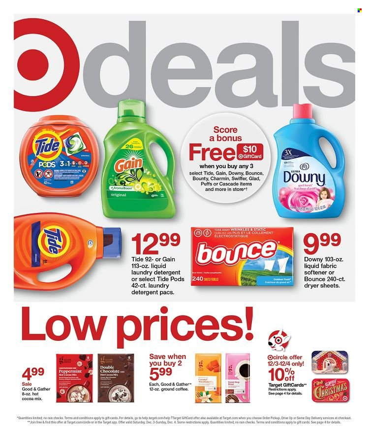 thumbnail - Target Flyer - 11/27/2022 - 12/03/2022 - Sales products - puffs, chocolate, Bounty, Boost, hot cocoa, coffee, ground coffee, Charmin, detergent, Gain, Swiffer, Cascade, Tide, fabric softener, laundry detergent, Bounce, dryer sheets, Target. Page 1.