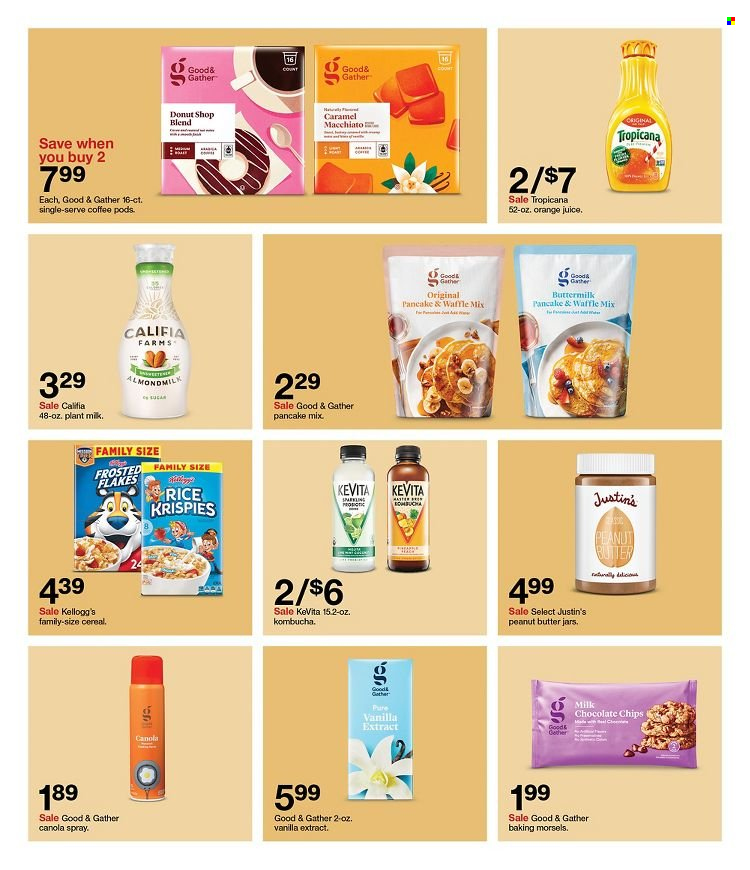 thumbnail - Target Flyer - 11/27/2022 - 12/03/2022 - Sales products - pancakes, almond milk, buttermilk, milk chocolate, Kellogg's, vanilla extract, cereals, Rice Krispies, caramel, peanut butter, orange juice, juice, kombucha, KeVita, coffee pods, jar. Page 36.