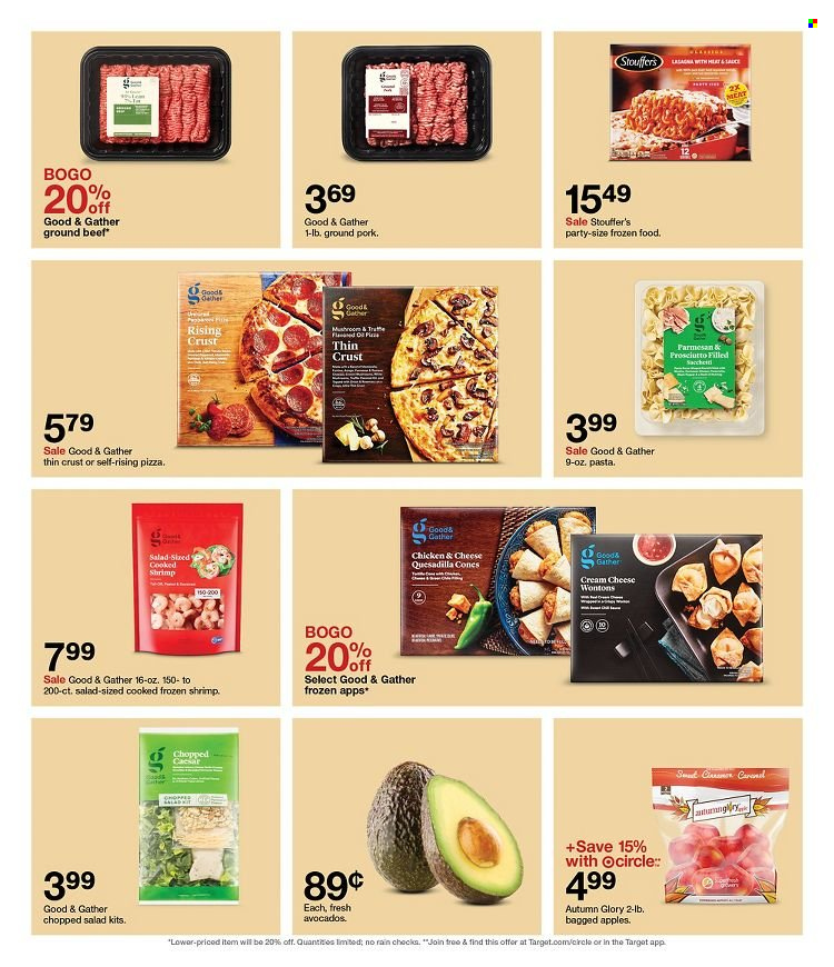 thumbnail - Target Flyer - 11/27/2022 - 12/03/2022 - Sales products - salad, chopped salad, apples, avocado, beef meat, ground beef, ground pork, shrimps, pizza, pasta, prosciutto, cream cheese, Stouffer's, truffles, Target. Page 37.