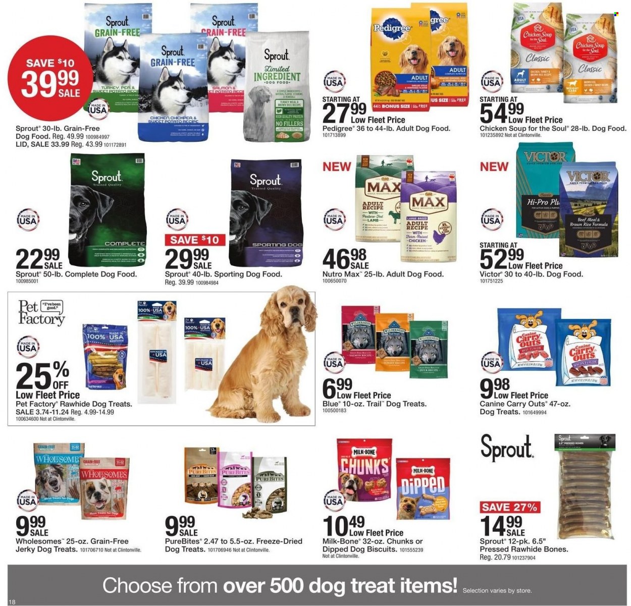 thumbnail - Fleet Farm Flyer - 11/25/2022 - 12/03/2022 - Sales products - soup, brown rice, lid, animal food, animal treats, dog food, dog biscuits, Pedigree, PureBites, Victor, Chicken Soup for the Soul. Page 18.