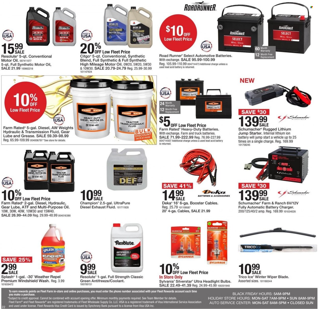 thumbnail - Fleet Farm Flyer - 11/25/2022 - 12/03/2022 - Sales products - oil, battery charger, bulb, Sylvania, bra, vehicle, tractor, antifreeze, motor oil, transmission fluid, hydraulic fluids, exhaust fluid. Page 22.