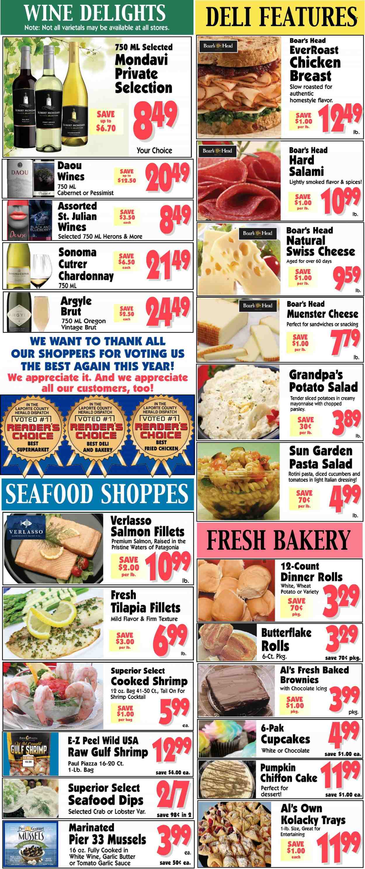 thumbnail - Al's Supermarket Flyer - 11/25/2022 - 11/29/2022 - Sales products - cake, dinner rolls, cupcake, brownies, cucumber, potatoes, pumpkin, parsley, salad, lobster, mussels, salmon, salmon fillet, tilapia, seafood, crab, fish, shrimps, sandwich, pasta, sauce, salami, potato salad, pasta salad, swiss cheese, Münster cheese, mayonnaise, italian dressing, chocolate, dressing, garlic sauce, Cabernet Sauvignon, white wine, Chardonnay, Pinot Grigio, chicken breasts. Page 3.