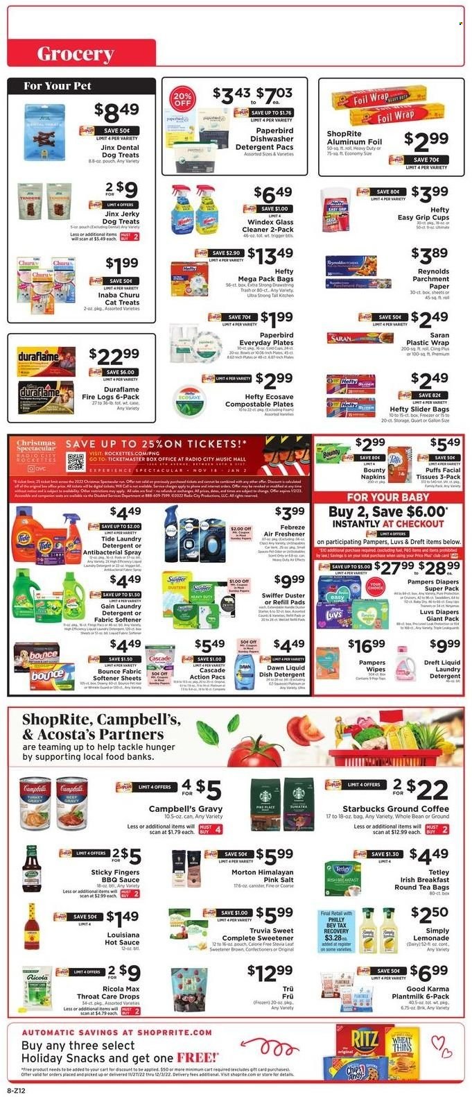 thumbnail - ShopRite Flyer - 11/27/2022 - 12/03/2022 - Sales products - pie, puffs, Campbell's, sauce, jerky, ricola, snack, Bounty, RITZ, Thins, stevia, sweetener, BBQ sauce, turkey gravy, hot sauce, lemonade, tea bags, coffee, Starbucks, ground coffee, wipes, Pampers, napkins, nappies, tissues, detergent, Febreze, Gain, Windex, cleaner, glass cleaner, Swiffer, Cascade, Tide, fabric softener, laundry detergent, Bounce, dishwasher cleaner, facial tissues, Sure, Hefty, duster, plate, cup, aluminium foil, paper, air freshener, antibacterial spray, bra. Page 8.