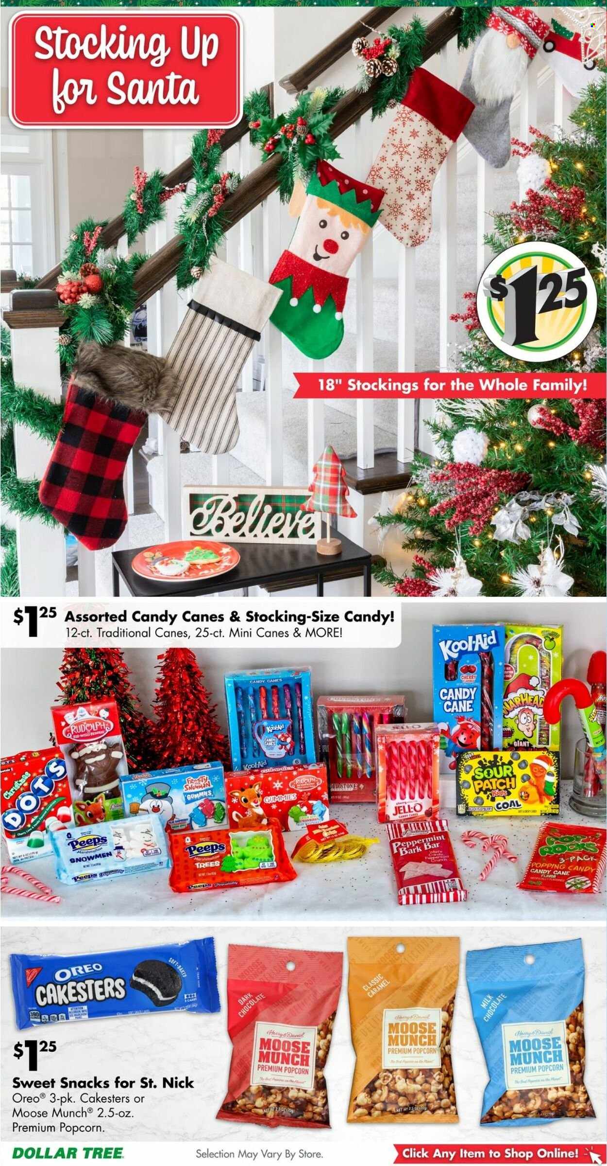 thumbnail - Dollar Tree Flyer - 11/25/2022 - 12/10/2022 - Sales products - cherries, Oreo, marshmallows, milk chocolate, chocolate, snack, candy cane, Santa, dark chocolate, Sour Patch, Peeps, popcorn, Jell-O, caramel, stockings. Page 6.