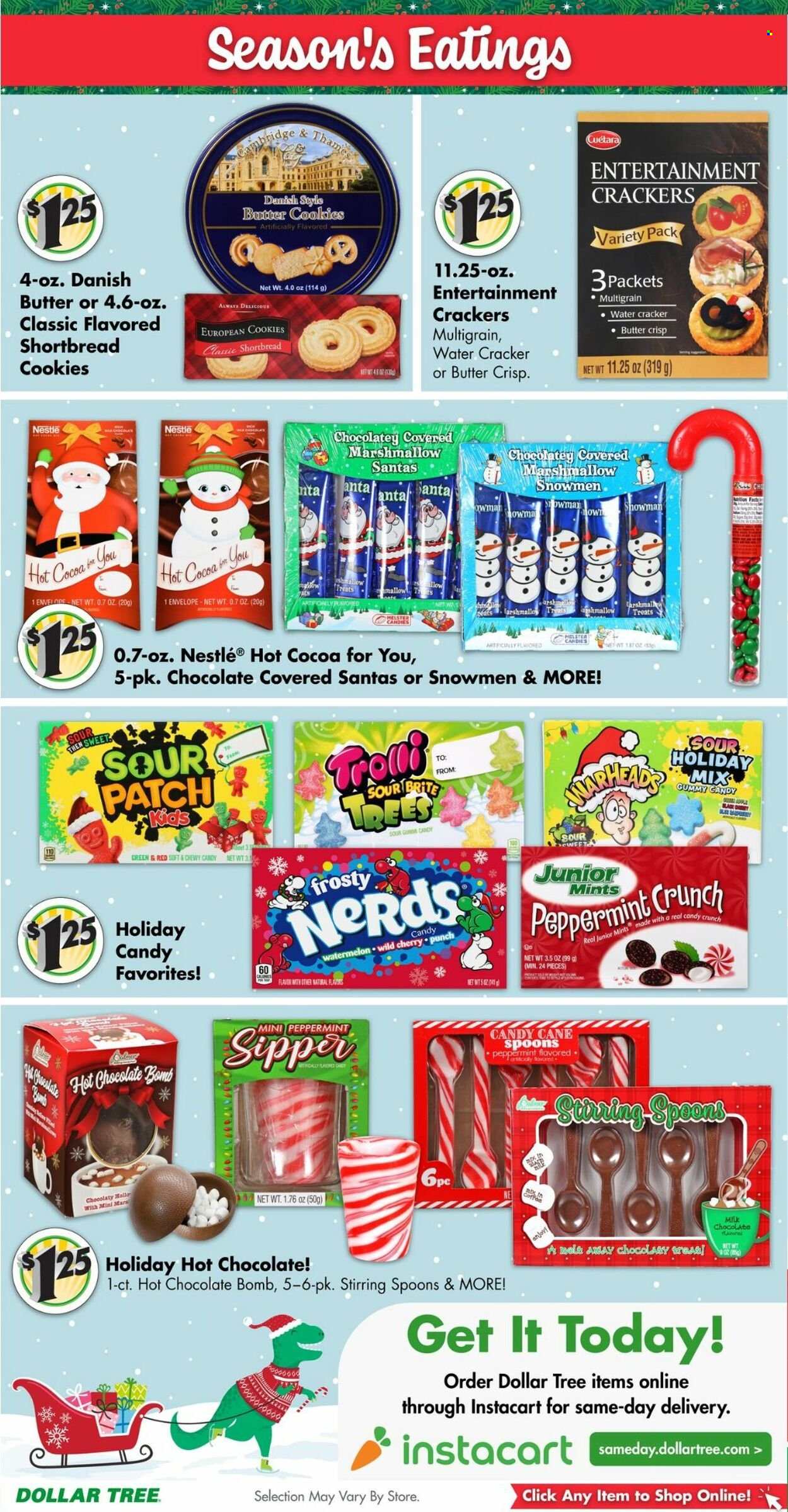 thumbnail - Dollar Tree Flyer - 11/25/2022 - 12/10/2022 - Sales products - watermelon, cherries, cookies, marshmallows, milk chocolate, Nestlé, butter cookies, candy cane, Trolli, crackers, Santa, Sour Patch, hot cocoa, hot chocolate, coffee, wine, rosé wine, punch, Brite, spoon, envelope, rose. Page 14.