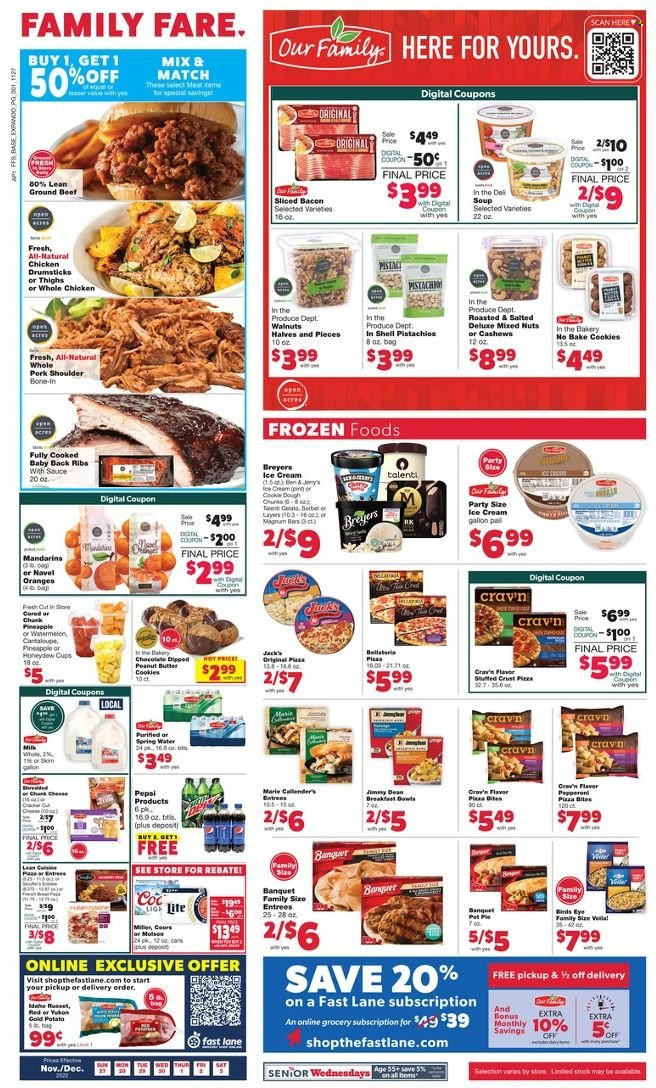thumbnail - Family Fare Flyer - 11/27/2022 - 12/03/2022 - Sales products - pie, russet potatoes, mandarines, watermelon, honeydew, oranges, pizza, soup, breakfast bowl, Bird's Eye, Jimmy Dean, bacon, pepperoni, chunk cheese, milk, ice cream, Talenti Gelato, gelato, Bellatoria, cookie dough, cookies, butter cookies, cashews, walnuts, pistachios, mixed nuts, Pepsi, spring water, beer, whole chicken, chicken drumsticks, beef meat, ground beef, pork meat, pork ribs, pork shoulder, pork back ribs, cup, Coors, navel oranges. Page 1.