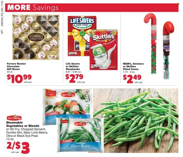 thumbnail - Family Fare Flyer - 11/27/2022 - 12/03/2022 - Sales products - green beans, spinach, okra, lima beans, chocolate, Ferrero Rocher, Snickers, M&M's, Skittles, gift box, book. Page 7.