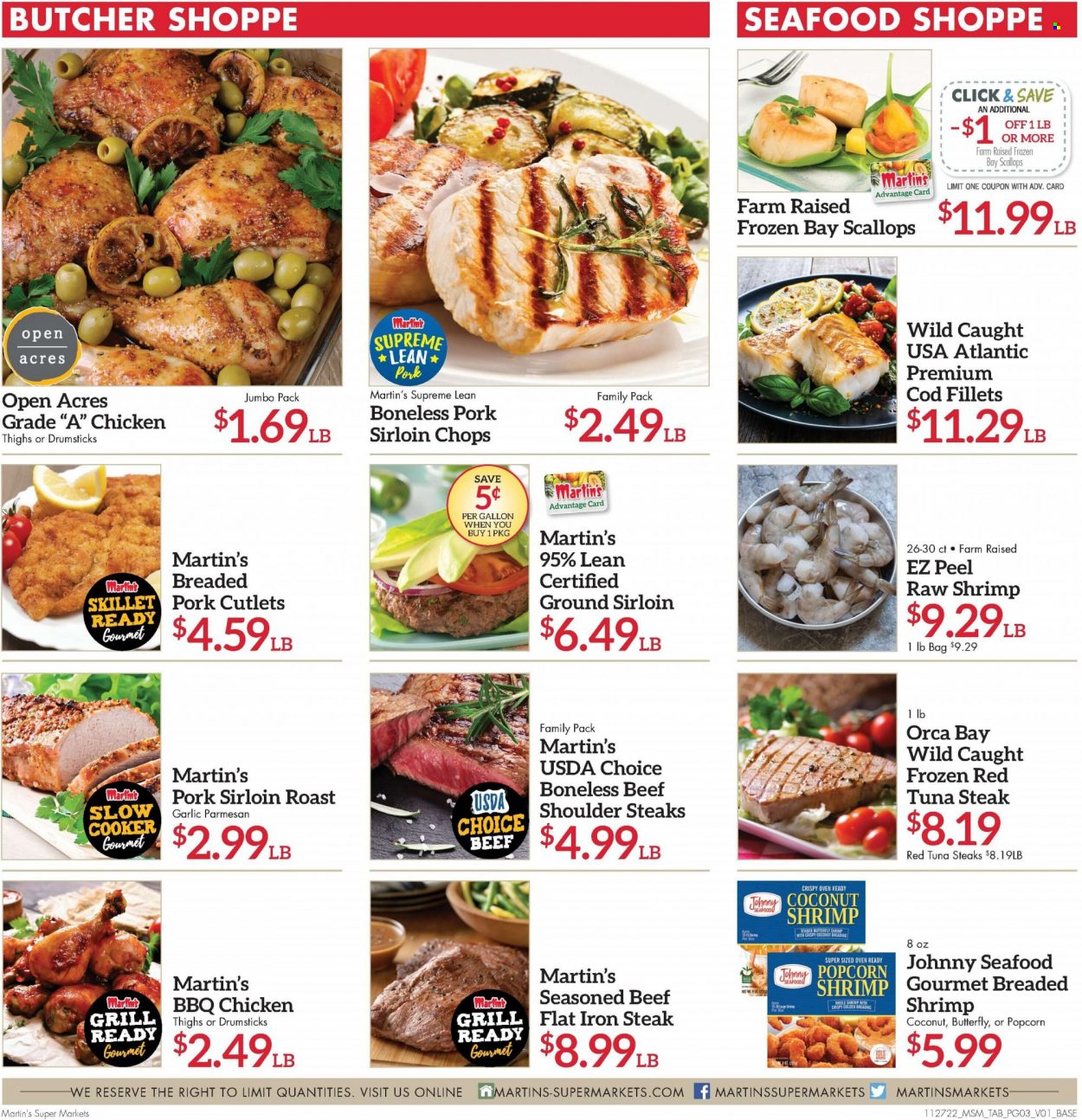 thumbnail - Martin’s Flyer - 11/27/2022 - 12/03/2022 - Sales products - cod, scallops, tuna, seafood, shrimps, Orca Bay, tuna steak, chicken thighs, steak, top blade, pork loin. Page 3.