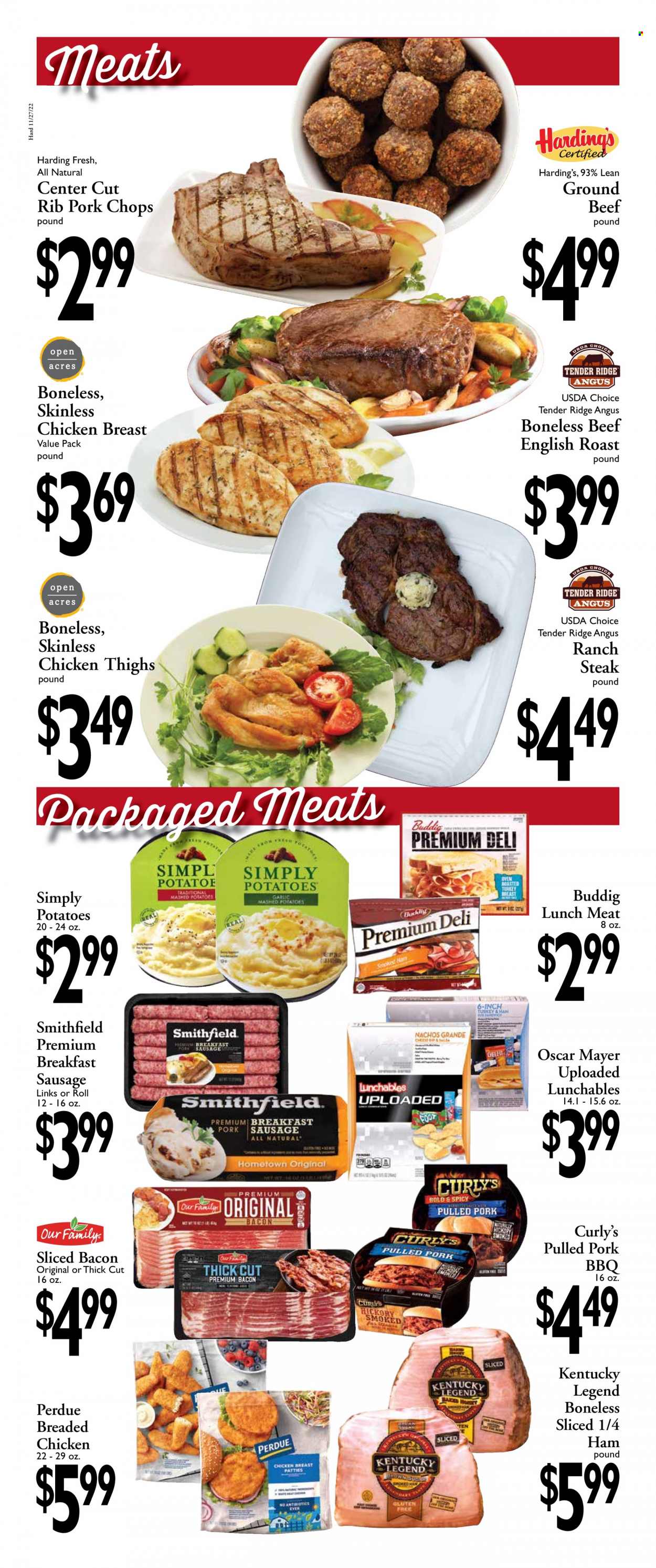 thumbnail - Harding's Markets Flyer - 11/27/2022 - 12/10/2022 - Sales products - garlic, mashed potatoes, fried chicken, Perdue®, Lunchables, pulled pork, bacon, ham, smoked ham, Oscar Mayer, sausage, pork sausage, lunch meat, chicken thighs, steak, chuck tender, pork chops, pork meat. Page 2.