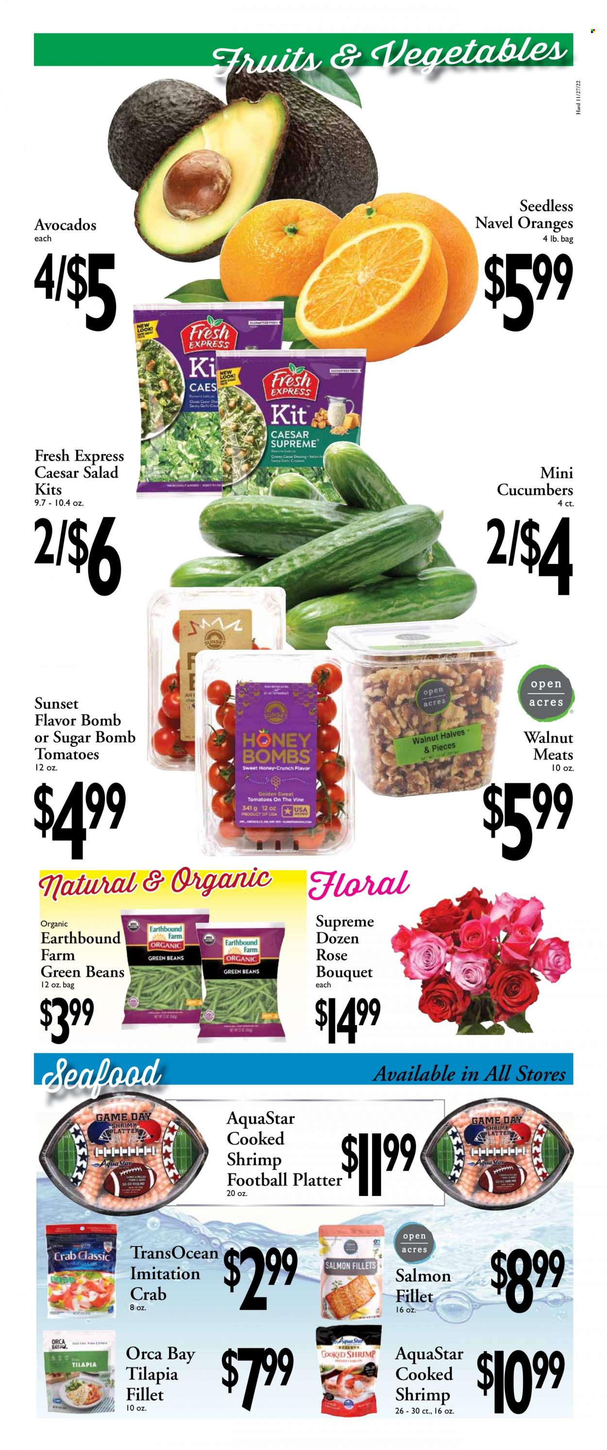 thumbnail - Harding's Markets Flyer - 11/27/2022 - 12/10/2022 - Sales products - beans, cucumber, garlic, green beans, tomatoes, salad, avocado, oranges, salmon, salmon fillet, tilapia, seafood, crab, shrimps, Orca Bay, sugar, walnuts, wine, rosé wine, navel oranges. Page 3.