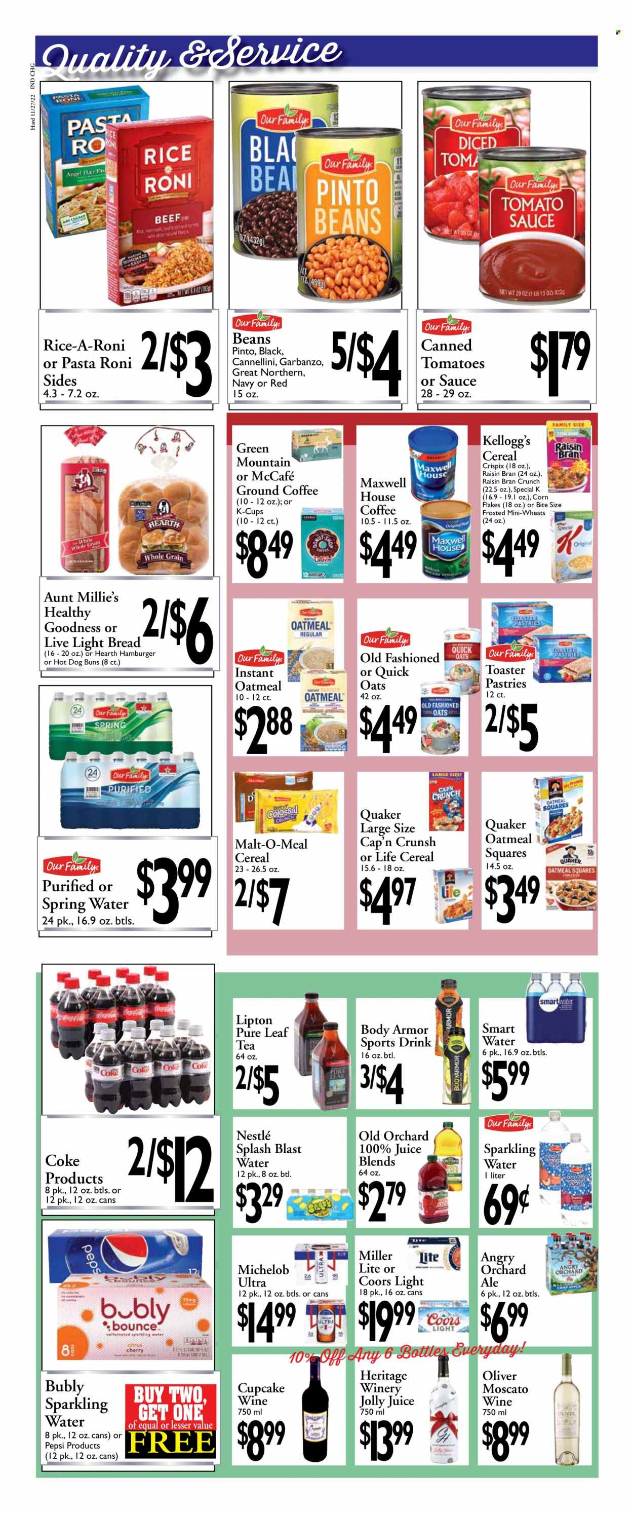thumbnail - Harding's Markets Flyer - 11/27/2022 - 12/10/2022 - Sales products - bread, buns, Quaker, Nestlé, Kellogg's, oatmeal, oats, malt, cereals, corn flakes, Quick Oats, Raisin Bran, rice, Coca-Cola, Pepsi, juice, Body Armor, Lipton, spring water, sparkling water, Smartwater, Maxwell House, tea, Pure Leaf, coffee, ground coffee, coffee capsules, McCafe, K-Cups, Green Mountain, Moscato, Cupcake Vineyards, beer, Miller Lite, Coors, Michelob. Page 4.