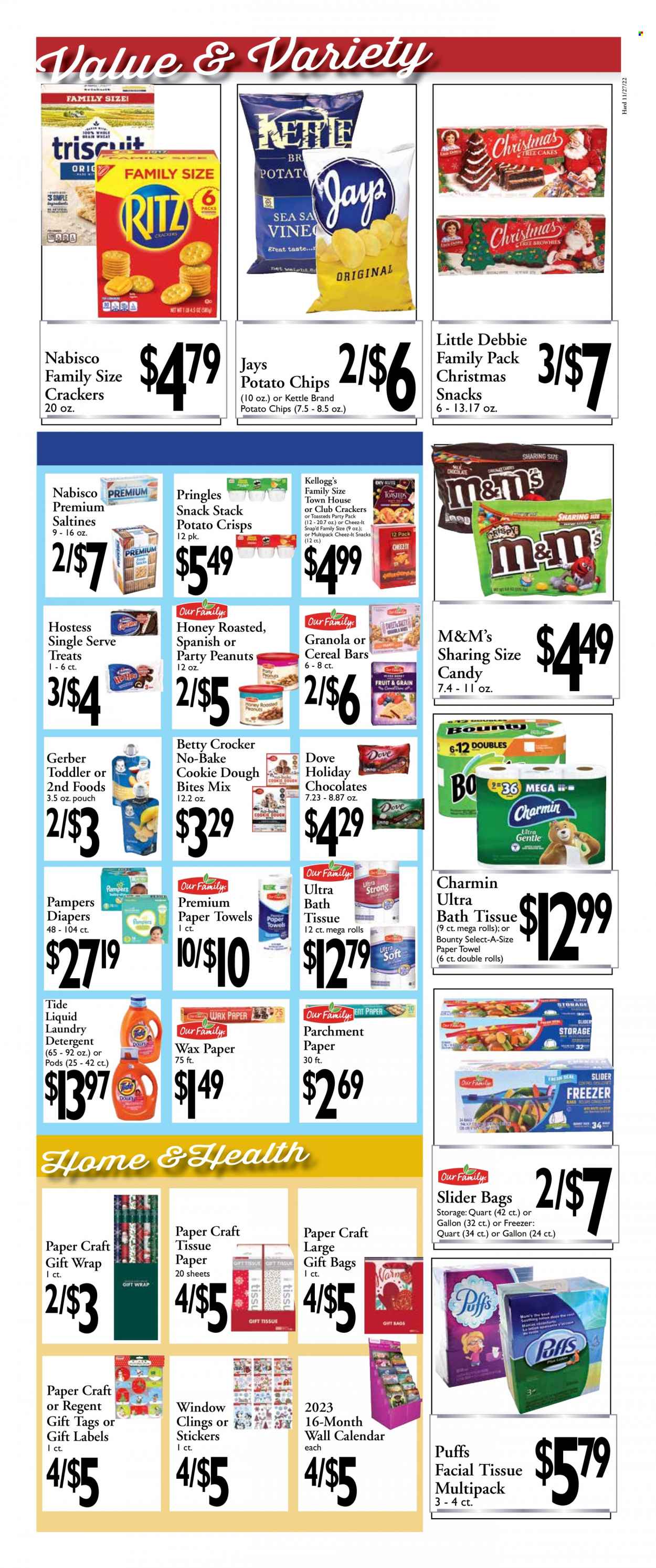 thumbnail - Harding's Markets Flyer - 11/27/2022 - 12/10/2022 - Sales products - puffs, cookie dough, Dove, chocolate, snack, Bounty, M&M's, cereal bar, crackers, Kellogg's, Gerber, potato crisps, potato chips, Pringles, chips, Cheez-It, saltines, granola, honey, peanuts. Page 5.