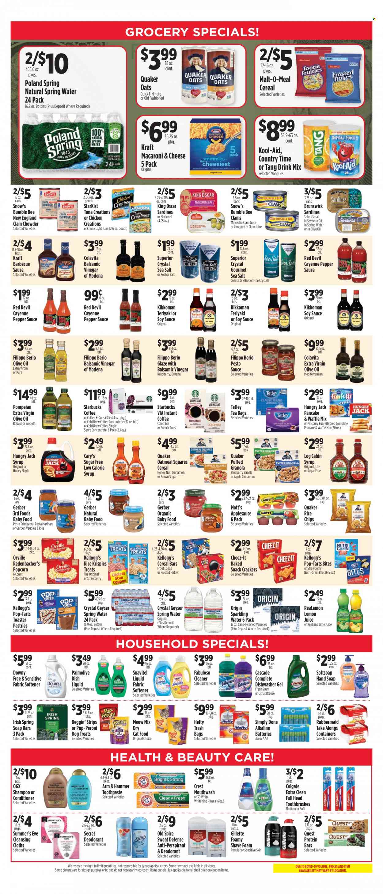 thumbnail - Pioneer Supermarkets Flyer - 11/27/2022 - 12/03/2022 - Sales products - Mott's, mackerel, sardines, StarKist, macaroni & cheese, pasta, Bumble Bee, sauce, pancakes, Pillsbury, Quaker, Kraft®, Oreo, strips, snack, cereal bar, crackers, Kellogg's, Pop-Tarts, Gerber, chips, popcorn, Cheez-It, ARM & HAMMER, oatmeal, oats, malt, light tuna, clam chowder, cereals, granola, protein bar, Rice Krispies, Frosted Flakes, Nutri-Grain, spice, cinnamon, BBQ sauce, soy sauce, pesto, Kikkoman, balsamic vinegar, extra virgin olive oil, soya oil, apple sauce, syrup, Country Time, spring water, sparkling water, lemon juice, tea bags, Starbucks, instant coffee, coffee capsules, K-Cups, organic baby food, cleaner, Fabuloso, Cascade, fabric softener, Downy Laundry, dishwashing liquid, shampoo, Softsoap, hand soap, Old Spice, Palmolive, soap, Colgate, toothpaste, mouthwash, Crest, conditioner, OGX, Gillette, Hefty. Page 3.
