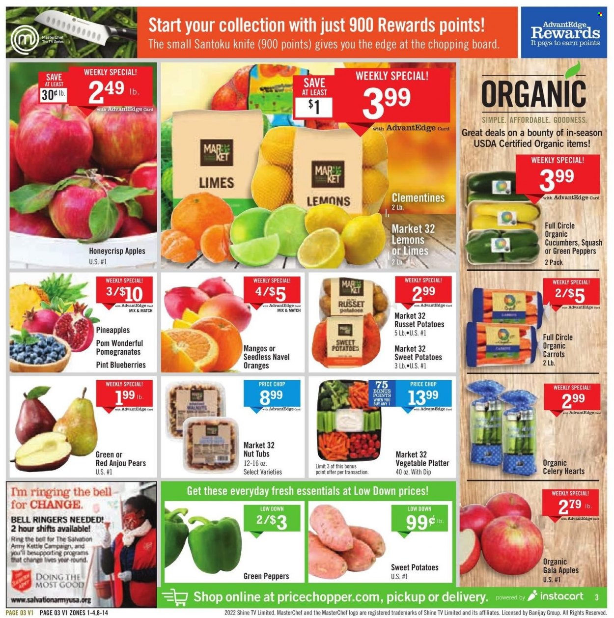 thumbnail - Price Chopper Flyer - 11/27/2022 - 12/03/2022 - Sales products - carrots, celery, russet potatoes, sweet potato, potatoes, peppers, sleeved celery, apples, blueberries, Gala, limes, pineapple, pears, oranges, dip, Bounty, knife, chopping board, clementines, pomegranate, lemons, navel oranges. Page 3.