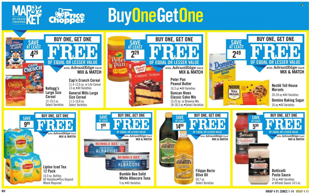 thumbnail - Price Chopper Flyer - 11/27/2022 - 12/03/2022 - Sales products - brownie mix, cake mix, tuna, pasta sauce, Bumble Bee, sauce, Alfredo sauce, Nestlé, Kellogg's, sugar, cereals, Cheerios, Cap'n Crunch, olive oil, oil, peanut butter, Lipton, ice tea, pan, handy chopper. Page 16.