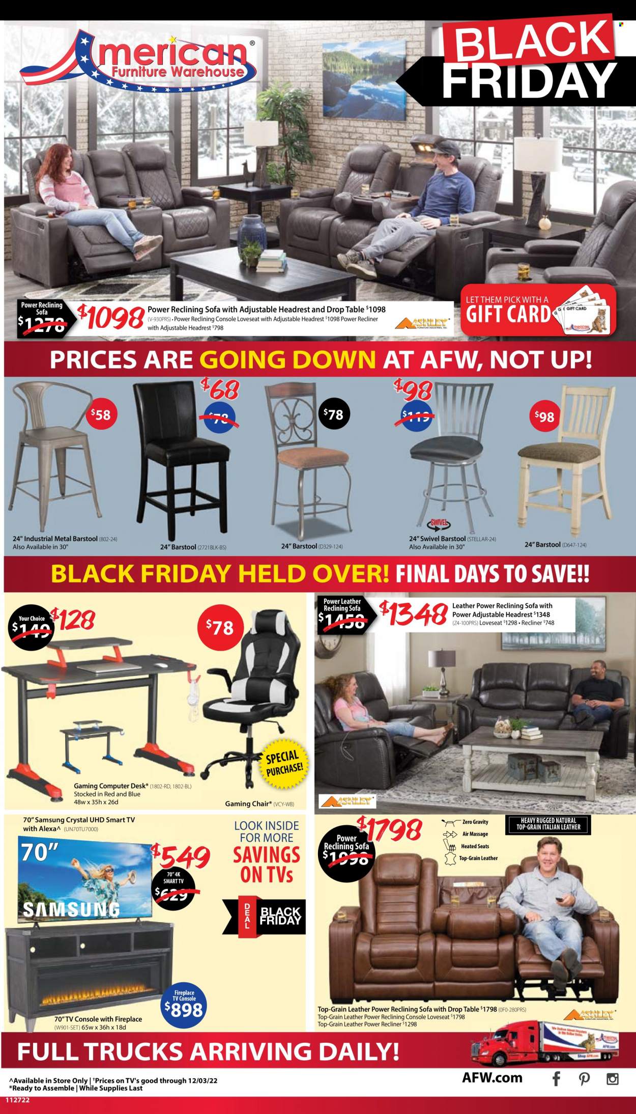 thumbnail - American Furniture Warehouse Flyer - 11/25/2022 - 12/03/2022 - Sales products - table, chair, bar stool, loveseat, sofa, recliner chair, tv console, desk. Page 1.