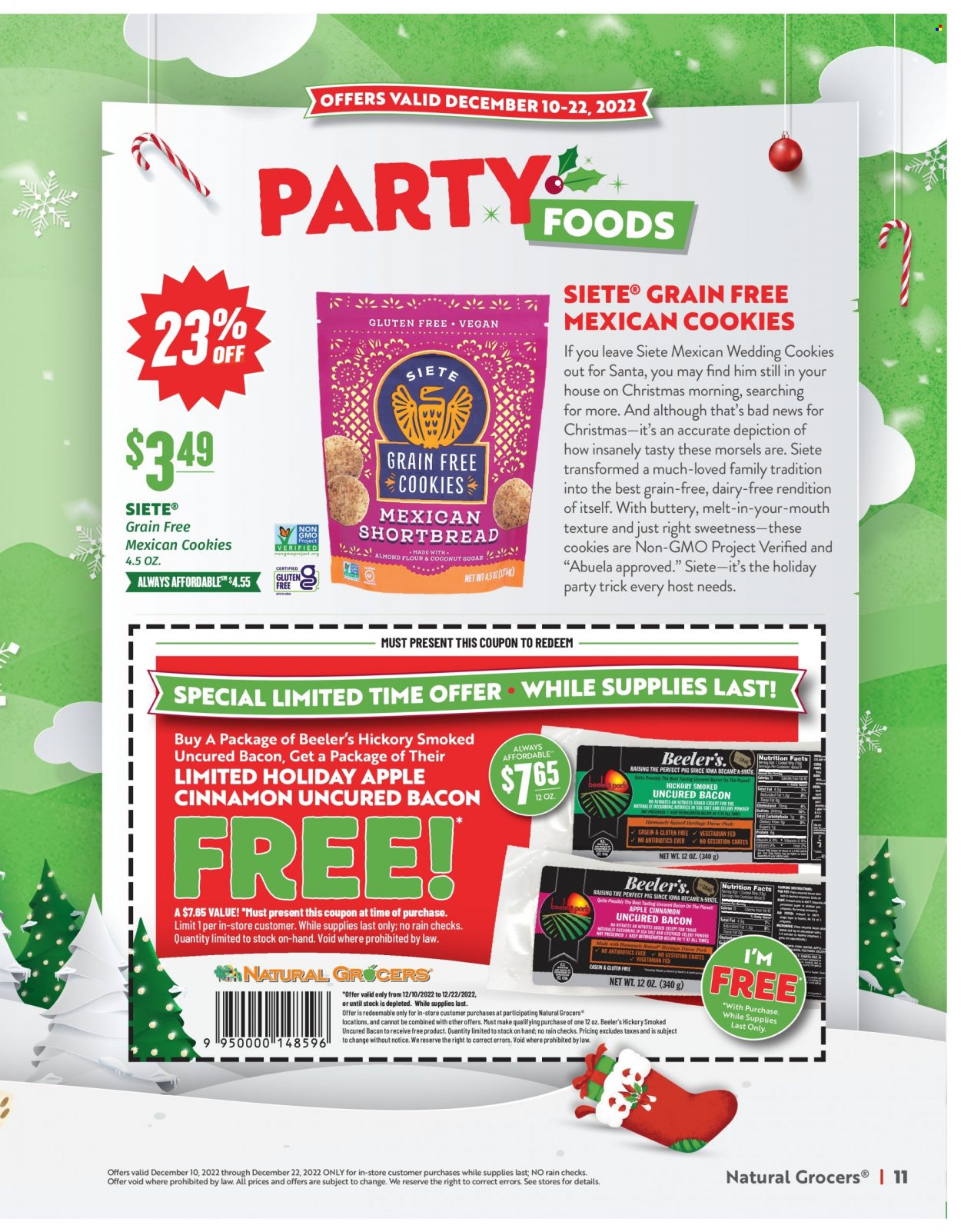 thumbnail - Natural Grocers Flyer - 12/10/2022 - 12/22/2022 - Sales products - bacon, cookies, Santa, cinnamon. Page 11.