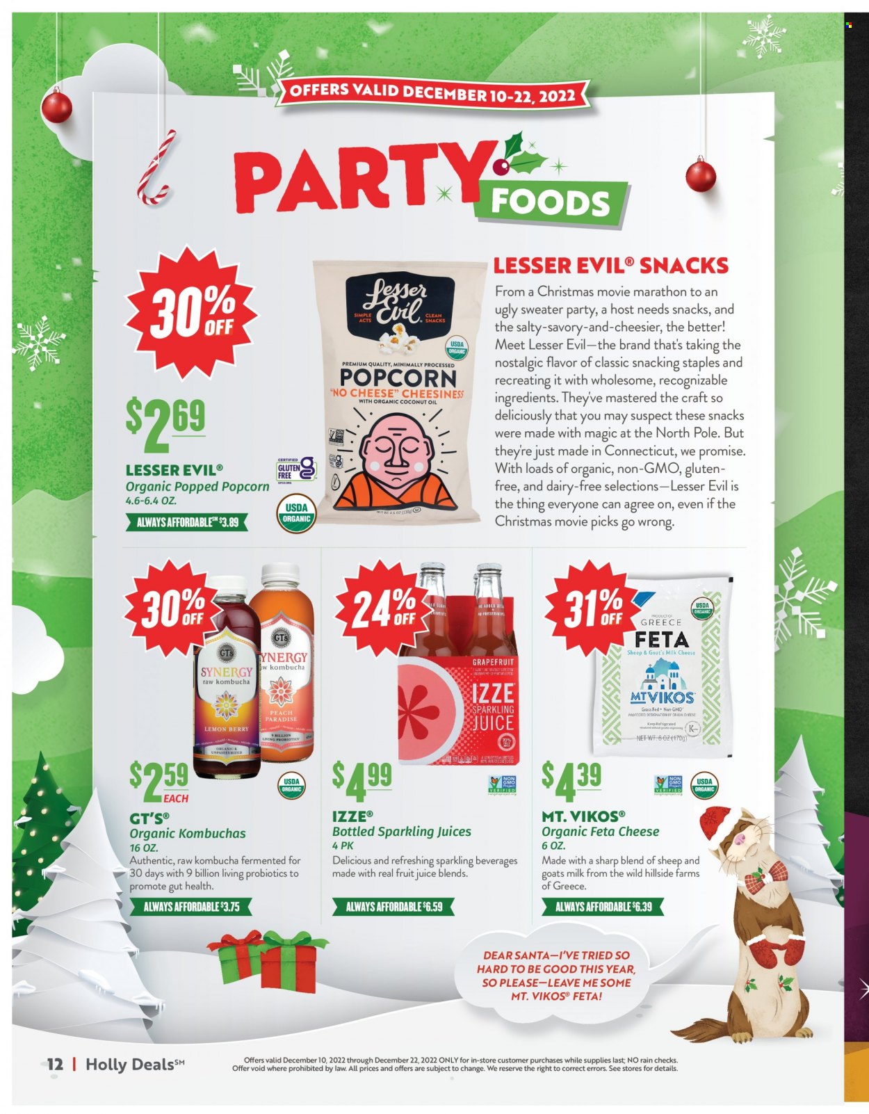 thumbnail - Natural Grocers Flyer - 12/10/2022 - 12/22/2022 - Sales products - cheese, feta, milk, snack, UglyDolls, Santa, popcorn, sparkling juice, kombucha, probiotics. Page 12.