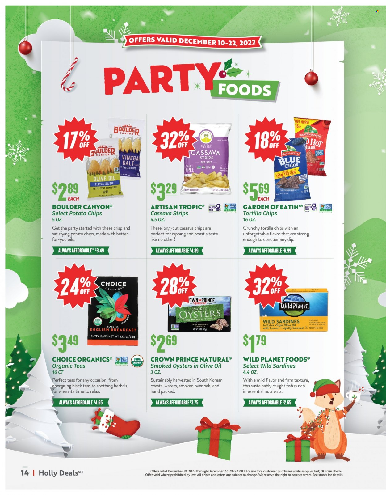 thumbnail - Natural Grocers Flyer - 12/10/2022 - 12/22/2022 - Sales products - cassava, sardines, smoked oysters, oysters, fish, dip, strips, tortilla chips, potato chips, chips. Page 14.