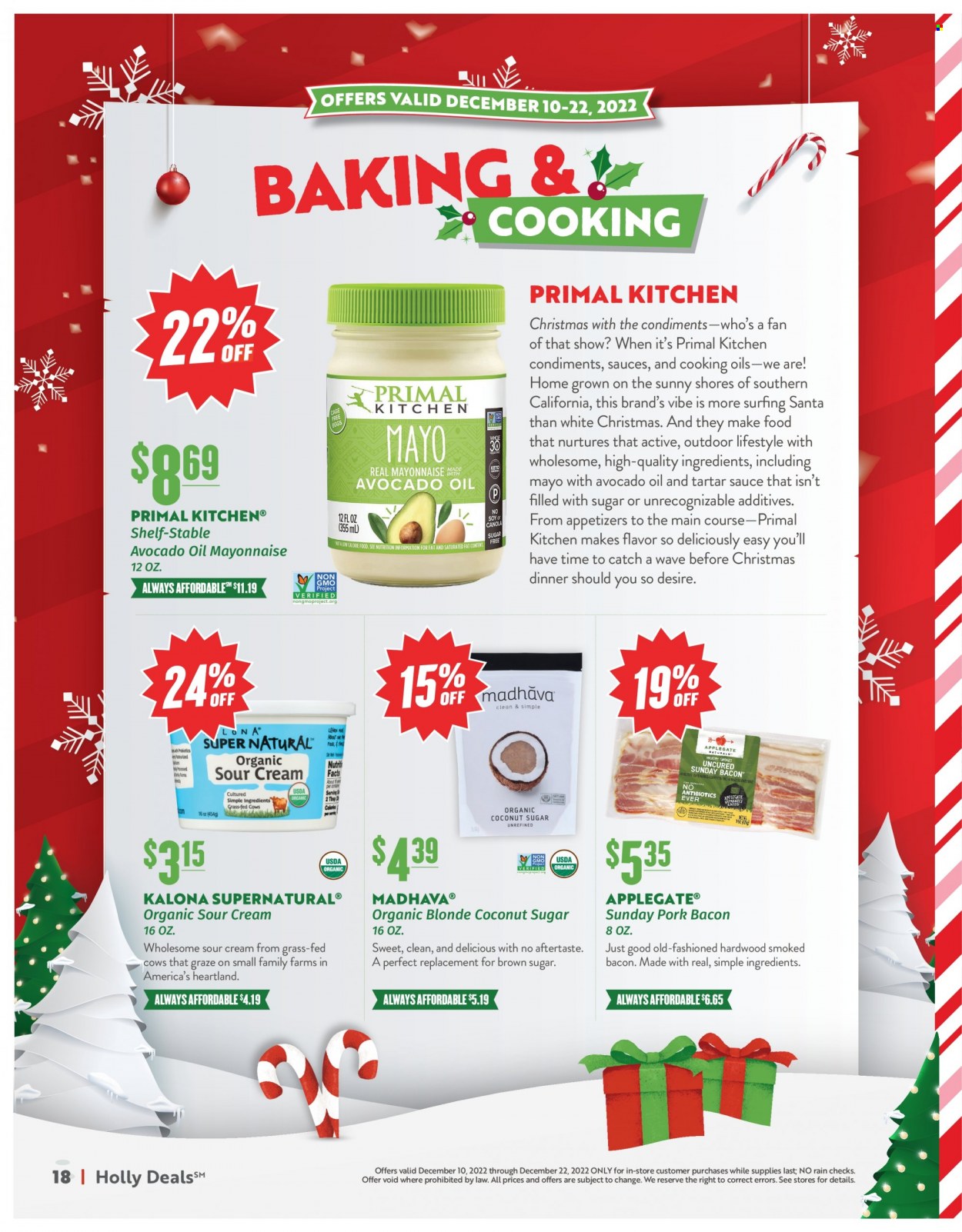 thumbnail - Natural Grocers Flyer - 12/10/2022 - 12/22/2022 - Sales products - coconut, bacon, sour cream, mayonnaise, tartar sauce, Santa, Heartland, cane sugar, coconut sugar, Graze, BRAND'S. Page 18.