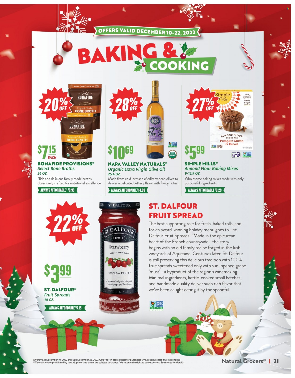thumbnail - Natural Grocers Flyer - 12/10/2022 - 12/22/2022 - Sales products - flour, almond flour, baking mix, olives, extra virgin olive oil, olive oil, oil. Page 21.