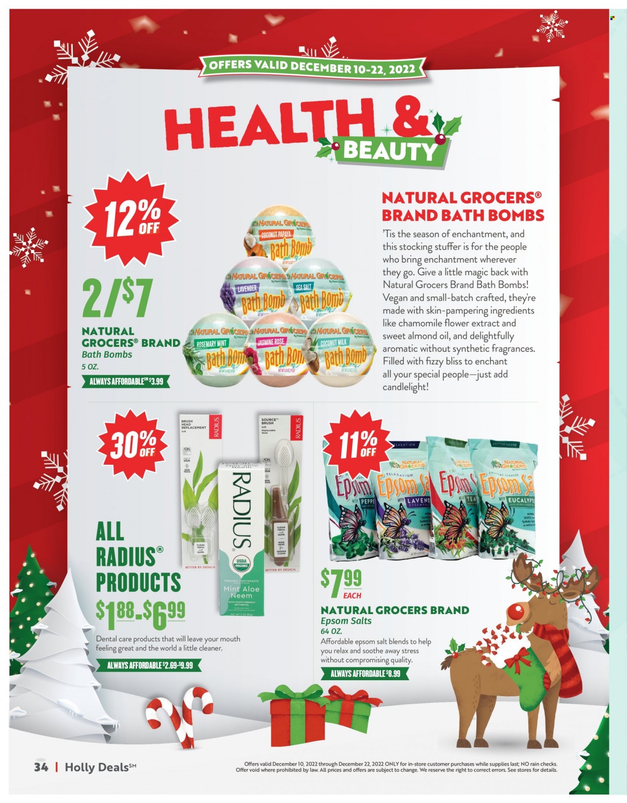thumbnail - Natural Grocers Flyer - 12/10/2022 - 12/22/2022 - Sales products - almond oil, oil, bath bomb. Page 34.