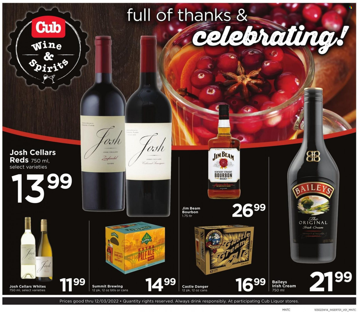 thumbnail - Cub Foods Flyer - 11/27/2022 - 12/03/2022 - Sales products - Cabernet Sauvignon, red wine, wine, bourbon, whiskey, irish cream, Baileys, Jim Beam, bourbon whiskey, whisky, Castle. Page 2.