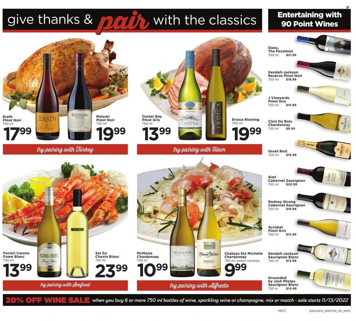 thumbnail - Cub Foods Flyer - 11/27/2022 - 12/03/2022 - Sales products - oysters, seafood, ham, Cabernet Sauvignon, red wine, Riesling, sparkling wine, white wine, champagne, Chardonnay, wine, Pinot Noir, Chenin Blanc, Pinot Grigio, Sauvignon Blanc. Page 4.
