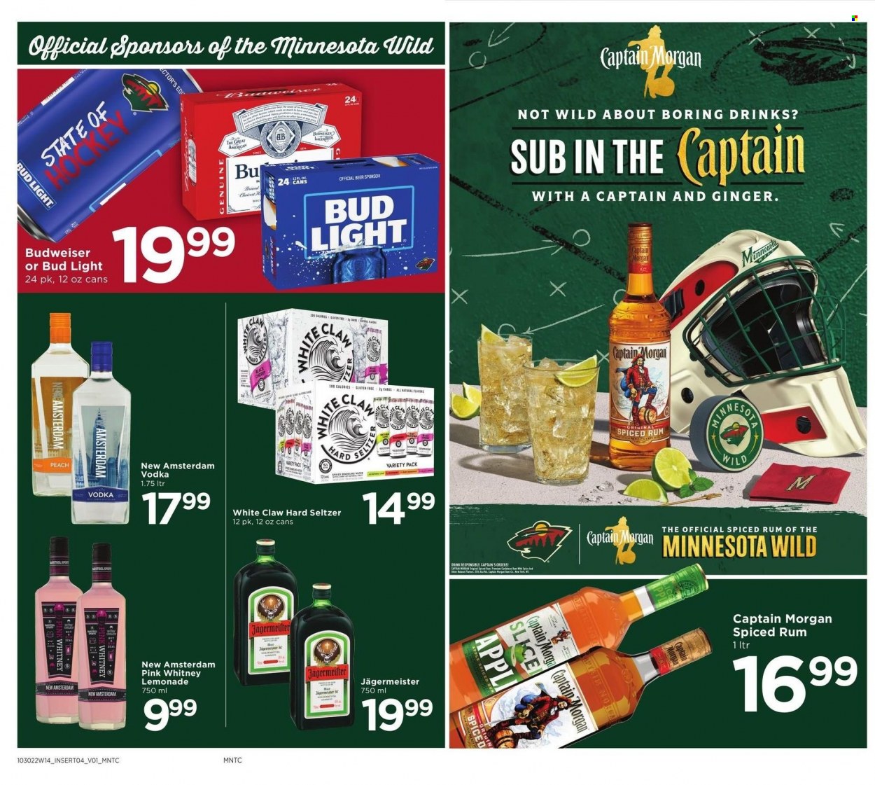 thumbnail - Cub Foods Flyer - 11/27/2022 - 12/03/2022 - Sales products - ginger, cherries, spice, lemonade, Captain Morgan, rum, spiced rum, vodka, Jägermeister, White Claw, Hard Seltzer, beer, Bud Light, Lager, Budweiser. Page 5.
