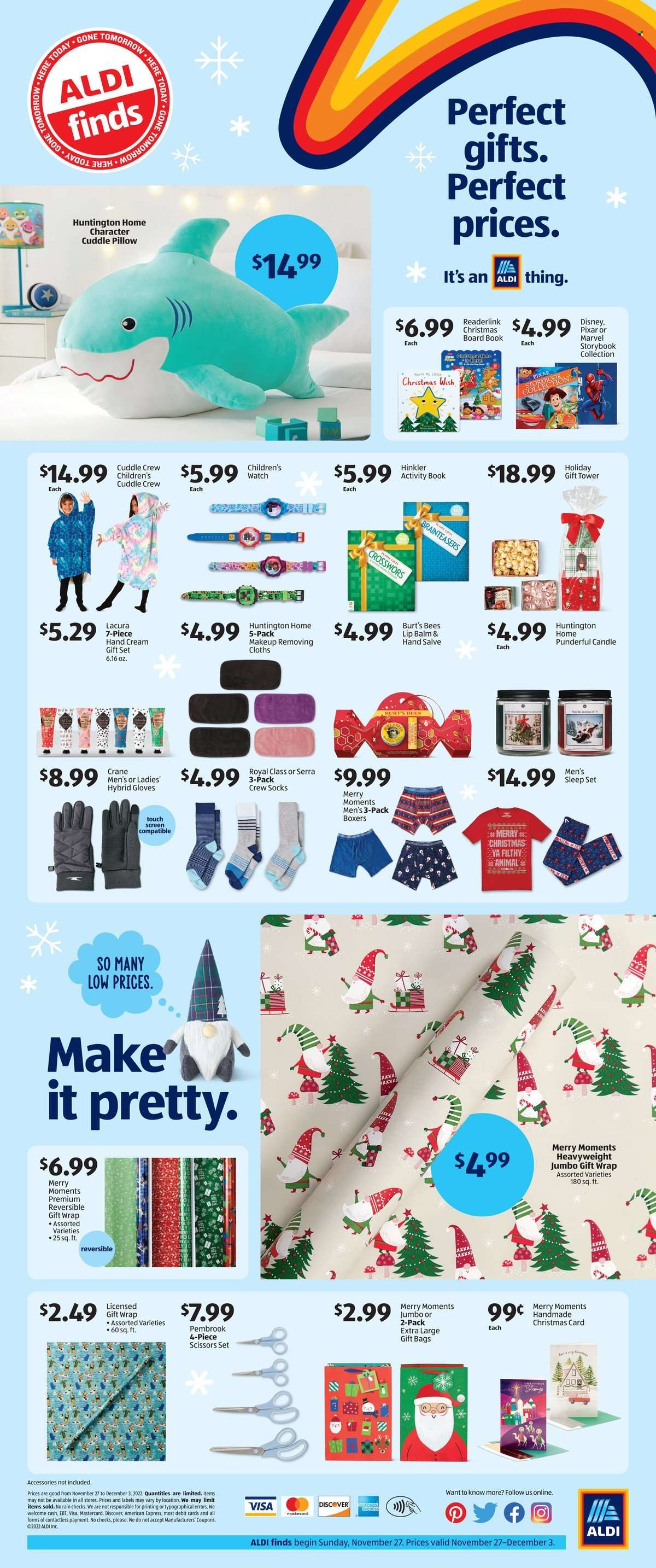 thumbnail - ALDI Flyer - 11/27/2022 - 12/03/2022 - Sales products - Disney, gift set, lip balm, hand cream, bag, makeup, gloves, gift wrap, scissors, candle, book, pillow, Moments, socks, watch, sleep set. Page 3.