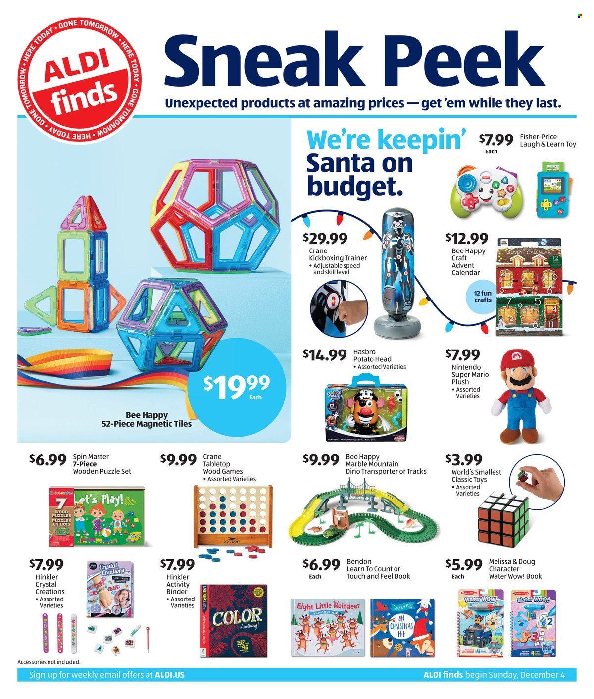 thumbnail - ALDI Flyer - 12/04/2022 - 12/10/2022 - Sales products - advent calendar, Santa, calendar, book, reindeer, Hasbro, toys, puzzle, magnetic tile. Page 1.
