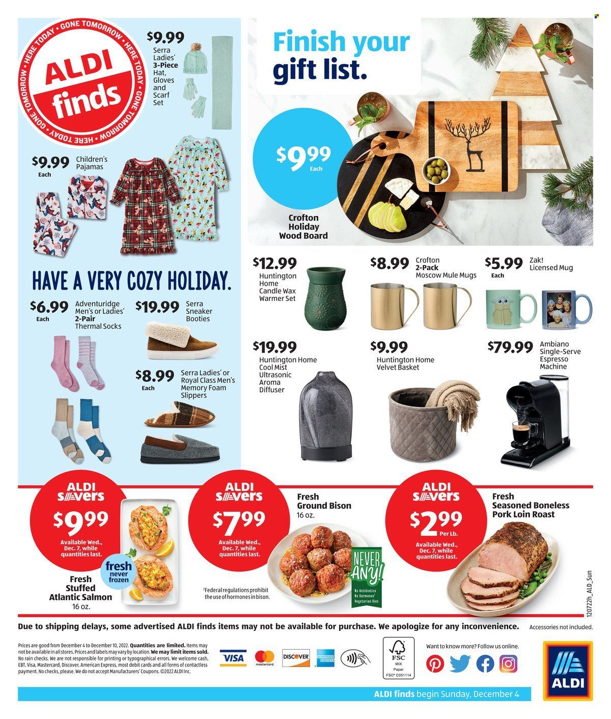 thumbnail - ALDI Flyer - 12/04/2022 - 12/10/2022 - Sales products - slippers, sneakers, Lenovo, salmon, bison meat, pork loin, pork meat, basket, gloves, mug, paper, candle, diffuser, coffee machine, espresso maker, socks, thermal socks, scarf, hat, pajamas. Page 2.