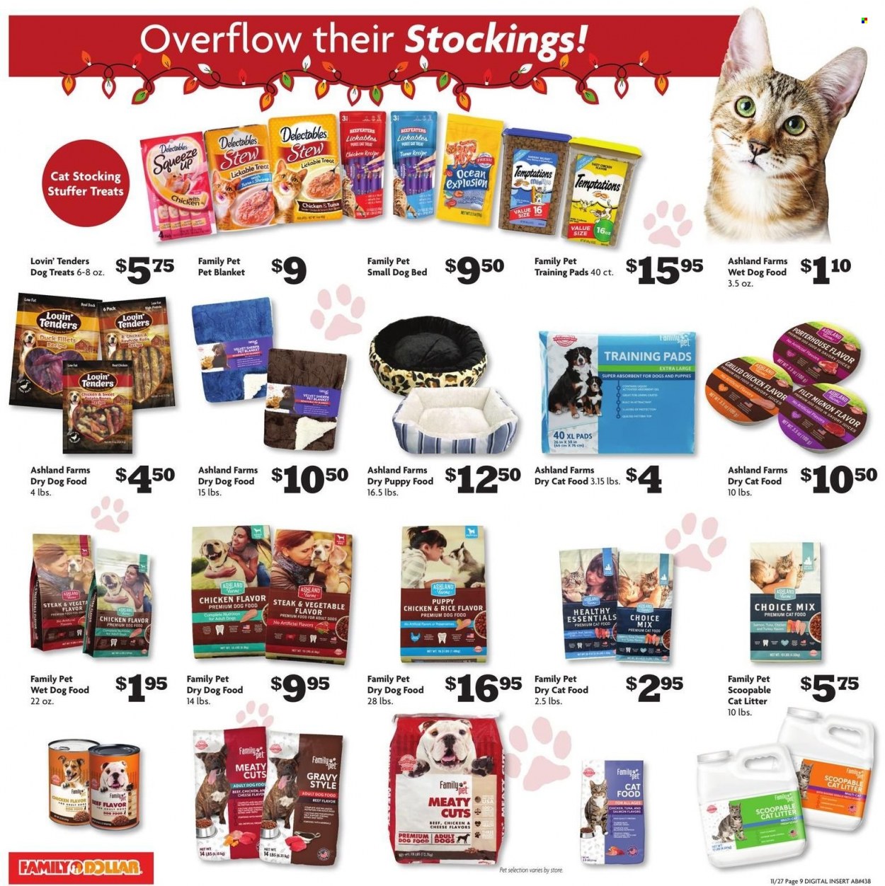 thumbnail - Family Dollar Flyer - 11/27/2022 - 12/03/2022 - Sales products - juice, steak, blanket, animal food, cat litter, dog bed, dry dog food, pet blanket, training pads, cat food, dog food, wet dog food, dry cat food. Page 19.