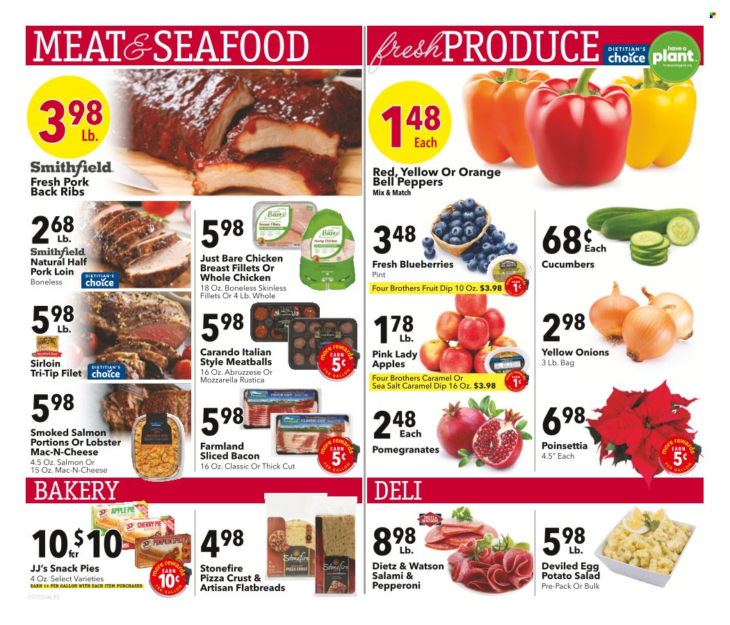 thumbnail - Coborn's Flyer - 11/27/2022 - 12/03/2022 - Sales products - pie, apple pie, cherry pie, bell peppers, cucumber, onion, salad, peppers, blueberries, oranges, Pink Lady, lobster, salmon, smoked salmon, seafood, pizza, meatballs, Four Brothers, bacon, salami, Dietz & Watson, pepperoni, potato salad, eggs, snack, spice, whole chicken, pork loin, pork meat, pork ribs, pork back ribs, poinsettia, pomegranate. Page 2.