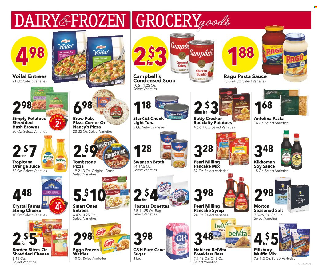 thumbnail - Coborn's Flyer - 11/27/2022 - 12/03/2022 - Sales products - waffles, muffin mix, garlic, potatoes, tuna, StarKist, Campbell's, celery soup, pizza, pasta sauce, condensed soup, soup, sauce, Pillsbury, instant soup, ragú pasta, shredded cheese, string cheese, eggs, butter, hash browns, cane sugar, sugar, broth, light tuna, belVita, soy sauce, Kikkoman, ragu, pancake syrup, syrup, orange juice, juice. Page 3.