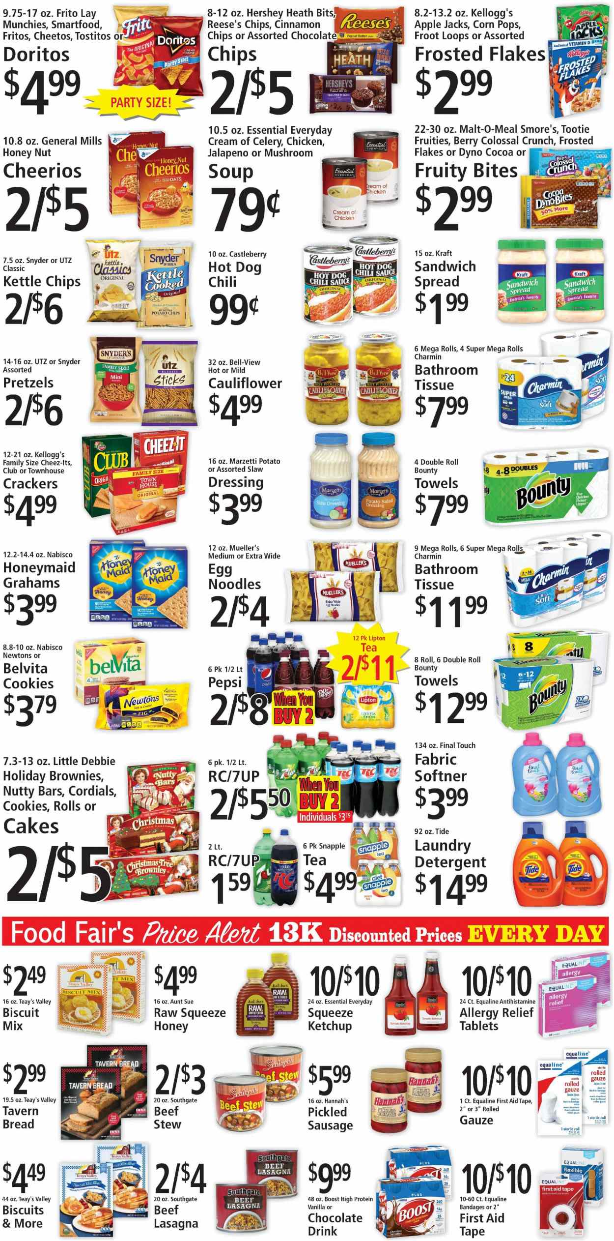 thumbnail - Food Fair Market Flyer - 11/27/2022 - 12/03/2022 - Sales products - bread, pretzels, cake, jalapeño, soup, sauce, noodles, lasagna meal, Kraft®, sausage, potato salad, Reese's, Hershey's, cookies, Nestlé, snack, Bounty, crackers, Kellogg's, biscuit, Doritos, Fritos, potato chips, Cheetos, chips, Smartfood, Tostitos, malt, Cheerios, Frosted Flakes, Corn Pops, belVita, Honey Maid, egg noodles, cinnamon, salad dressing, ketchup, chilli sauce, dressing, oil, peanut butter, Pepsi, Lipton, ice tea, 7UP, Snapple, chocolate drink, Boost, beer, allergy relief. Page 4.