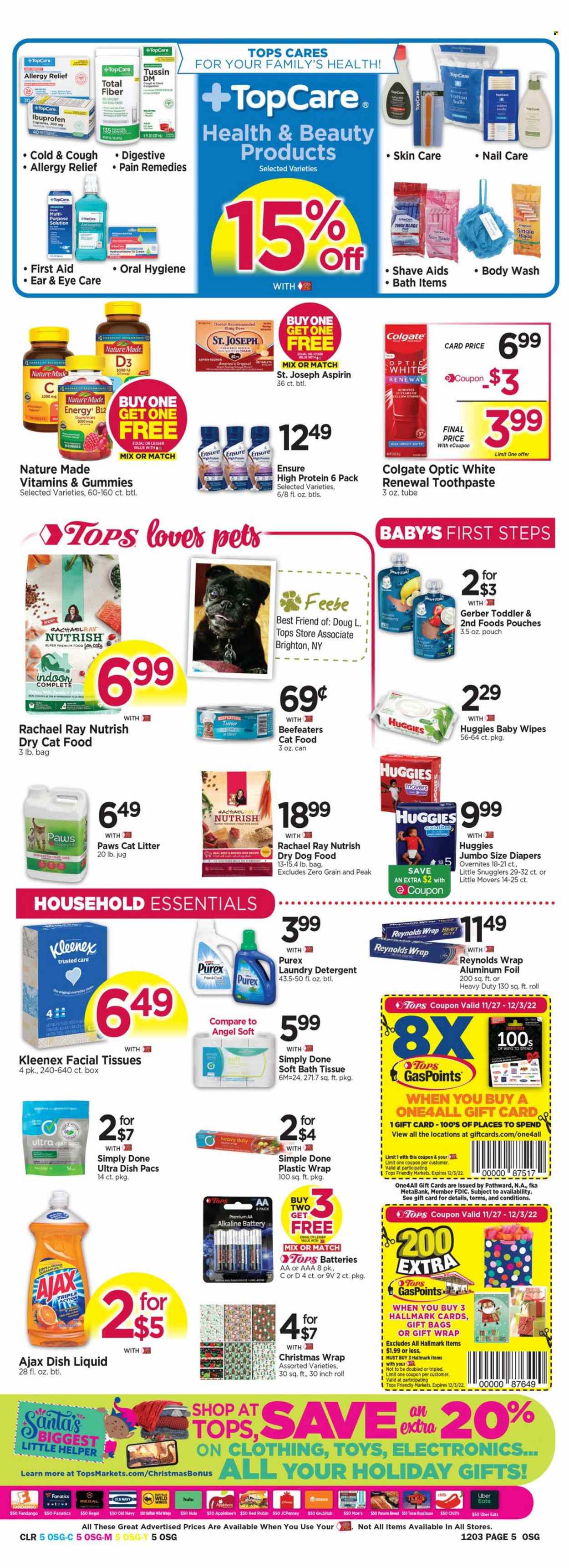 thumbnail - Tops Flyer - 11/27/2022 - 12/03/2022 - Sales products - bread, oranges, Santa, Gerber, brown rice, wipes, Huggies, baby wipes, nappies, bath tissue, Kleenex, cotton balls, detergent, Ajax, laundry detergent, Purex, dishwashing liquid, body wash, Colgate, toothpaste, facial tissues. Page 5.