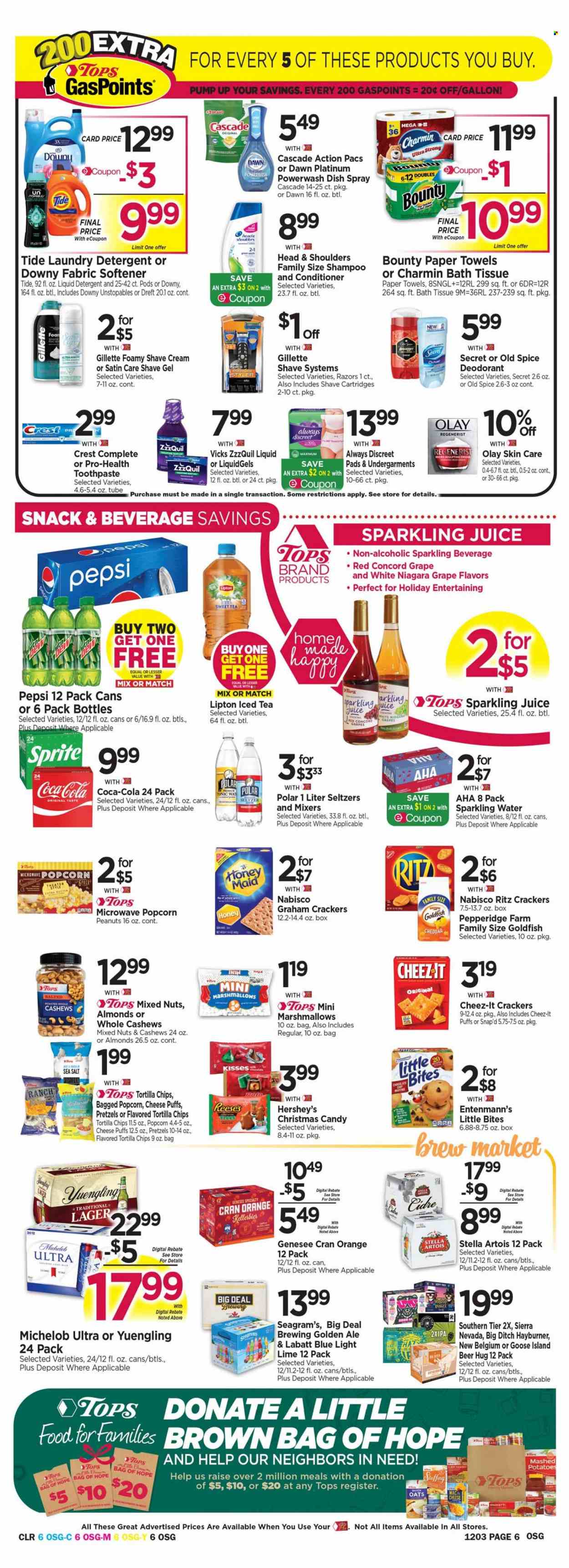 thumbnail - Tops Flyer - 11/27/2022 - 12/03/2022 - Sales products - pretzels, puffs, muffin, Entenmann's, oranges, mashed potatoes, spaghetti, butter, Reese's, Hershey's, graham crackers, marshmallows, snack, Bounty, Mars, crackers, Little Bites, RITZ, tortilla chips, chips, popcorn, Goldfish, Cheez-It, oats, Quick Oats, Honey Maid, spice, almonds, cashews, peanuts, mixed nuts, Coca-Cola, Sprite, Pepsi, juice, Lipton, ice tea, tonic, sparkling juice, seltzer water, sparkling water, beer, Lager, bath tissue, toilet paper, kitchen towels, paper towels, Charmin, detergent, Cascade, Tide, Unstopables, fabric softener, liquid detergent, laundry detergent, Downy Laundry, shampoo, Old Spice, toothpaste, Crest, Always Discreet, Olay, conditioner, Head & Shoulders, Gillette, shave gel, shave cream, Stella Artois, Yuengling, Michelob. Page 6.