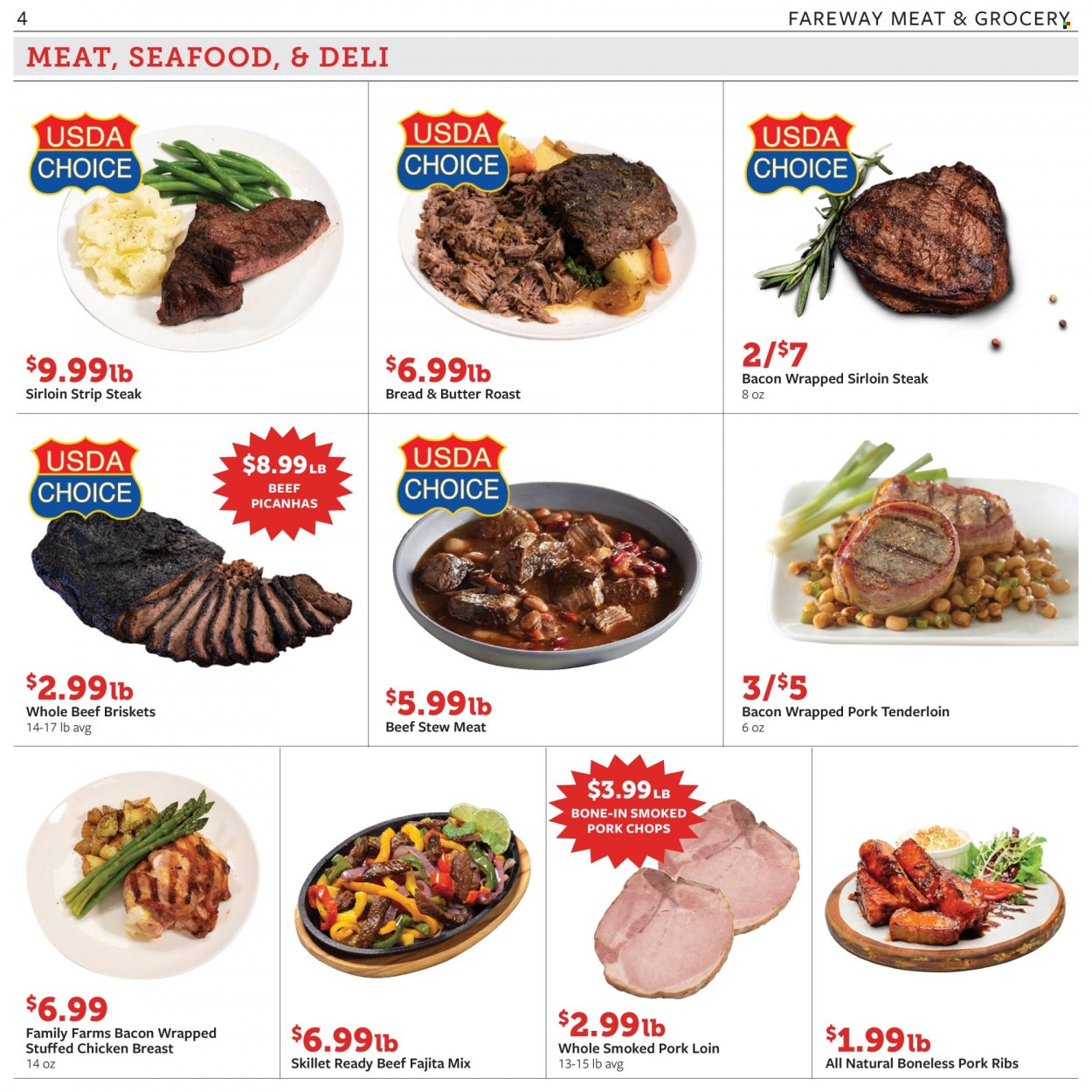 thumbnail - Fareway Flyer - 11/28/2022 - 12/03/2022 - Sales products - stew meat, seafood, stuffed chicken, fajita mix, bacon, butter, beef meat, beef sirloin, steak, sirloin steak, striploin steak, pork chops, pork meat, pork ribs, pork tenderloin. Page 4.