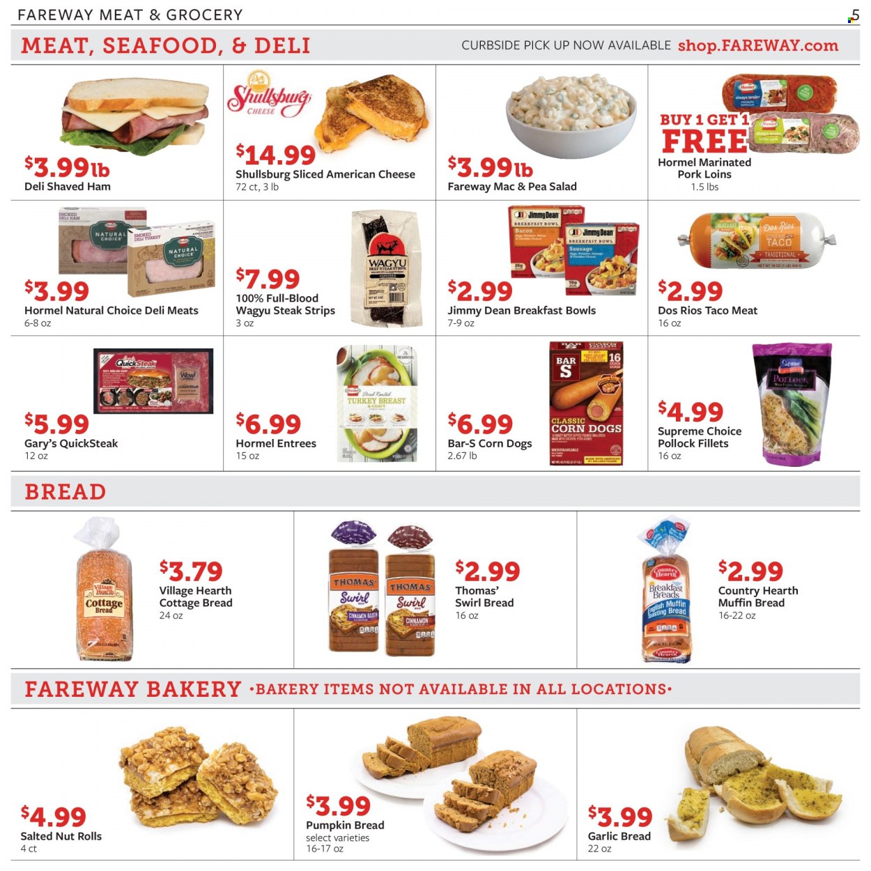 thumbnail - Fareway Flyer - 11/28/2022 - 12/03/2022 - Sales products - bread, cottage bread, english muffins, muffin, pumpkin, salad, pollock, seafood, breakfast bowl, Jimmy Dean, Hormel, bacon, ham, sausage, american cheese, cheese, eggs, strips, honey, beer, turkey breast, steak, pork meat. Page 5.