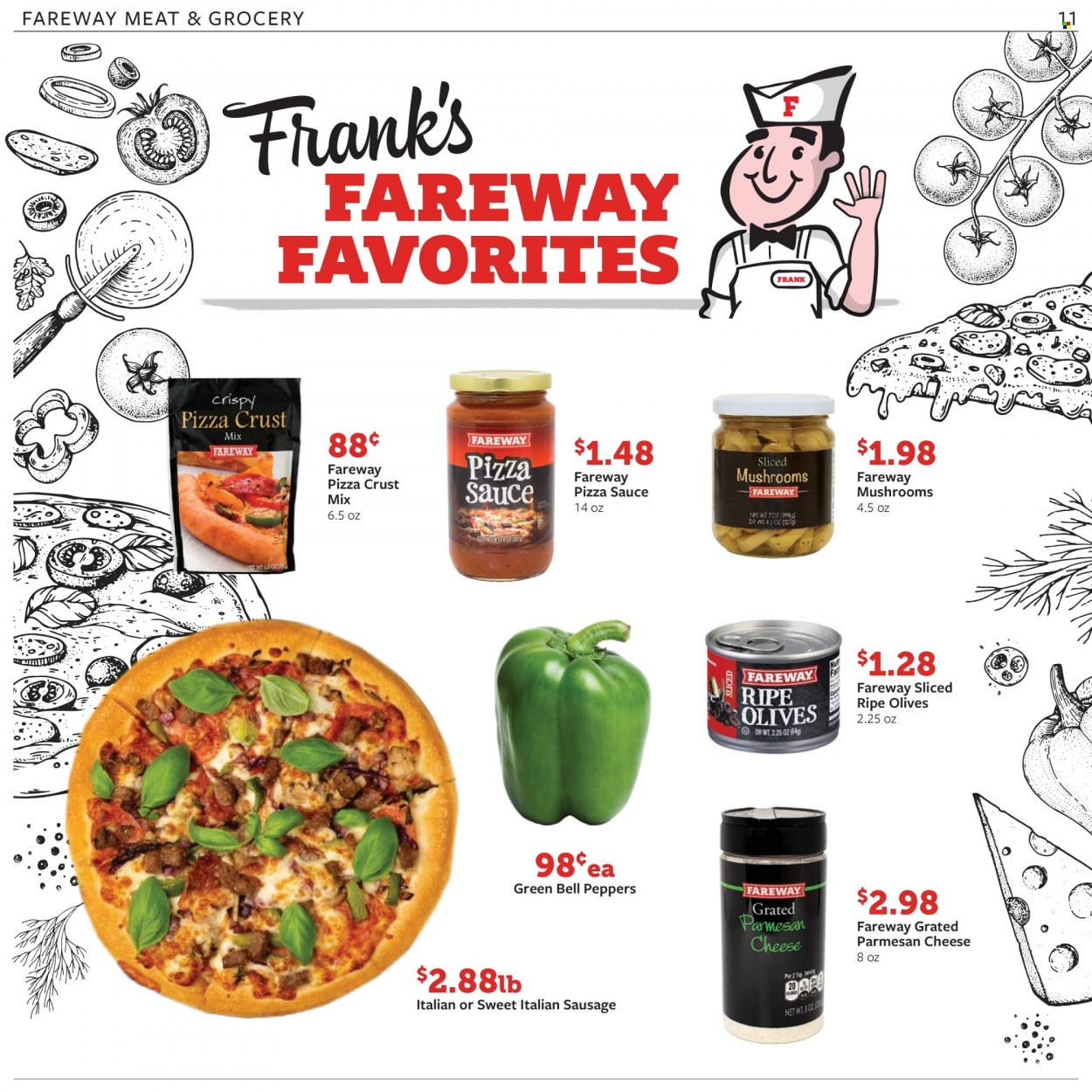 thumbnail - Fareway Flyer - 11/28/2022 - 12/03/2022 - Sales products - bell peppers, peppers, sauce, sausage, italian sausage, parmesan, olives. Page 11.