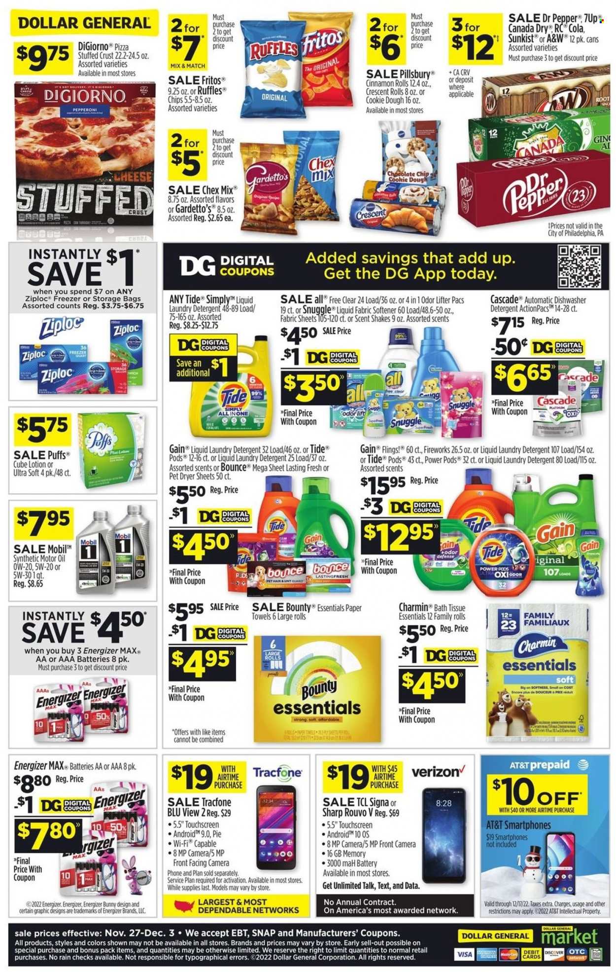 thumbnail - Dollar General Flyer - 11/27/2022 - 12/03/2022 - Sales products - puffs, cinnamon roll, crescent rolls, pizza, Pillsbury, pepperoni, shake, cookie dough, Bounty, Fritos, chips, Ruffles, Chex Mix, oil, Canada Dry, Dr. Pepper, 7UP, A&W, gin, bath tissue, kitchen towels, paper towels, Charmin, detergent, Gain, Cascade, Snuggle, Tide, fabric softener, laundry detergent, Bounce, dryer sheets, Ziploc, Sharp, Energizer, TCL, phone, freezer, hat, Mobil, motor oil. Page 2.