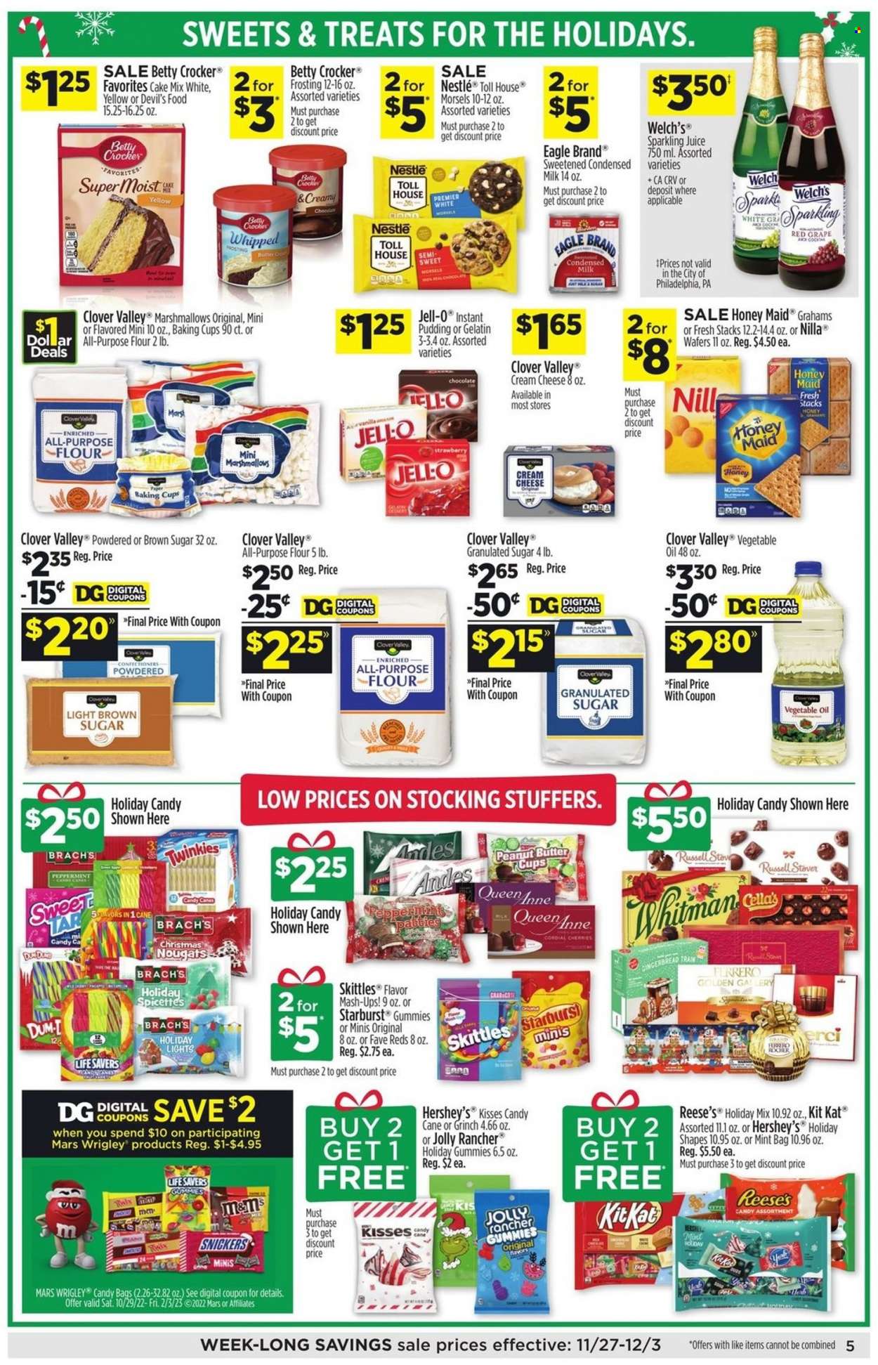 thumbnail - Dollar General Flyer - 11/27/2022 - 12/03/2022 - Sales products - cake mix, cherries, Welch's, cream cheese, cheese, pudding, Clover, milk, condensed milk, Reese's, Hershey's, marshmallows, Nestlé, wafers, chocolate, candy cane, Ferrero Rocher, Snickers, Mars, KitKat, M&M's, Skittles, peanut butter cups, Starburst, flour, frosting, granulated sugar, Jell-O, Honey Maid, vegetable oil, oil, juice, sparkling juice, gelatin, stove, train. Page 4.